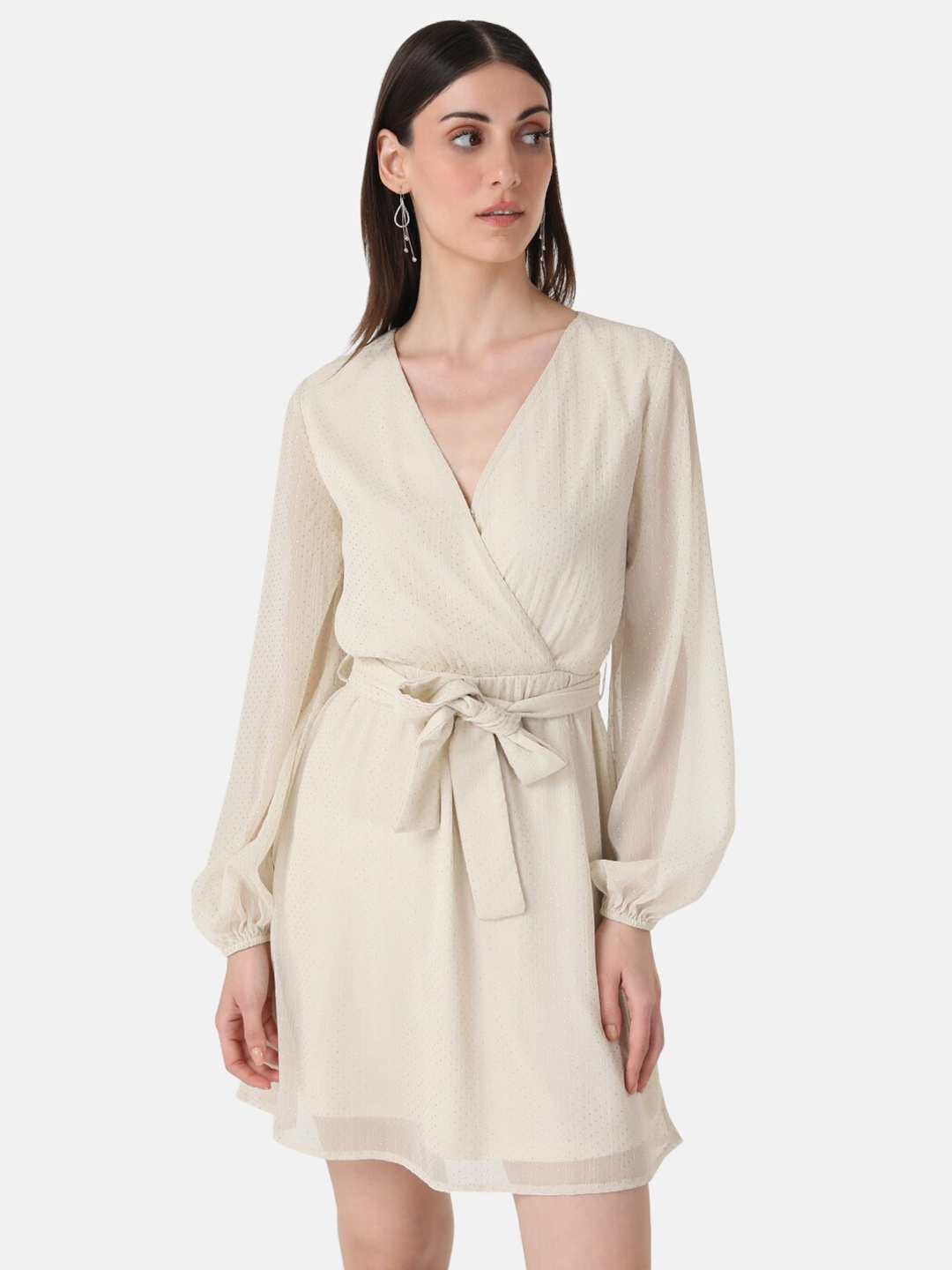 

Kazo Embellished V-Neck Cuffed Sleeves Wrap Dress With Belt, Beige