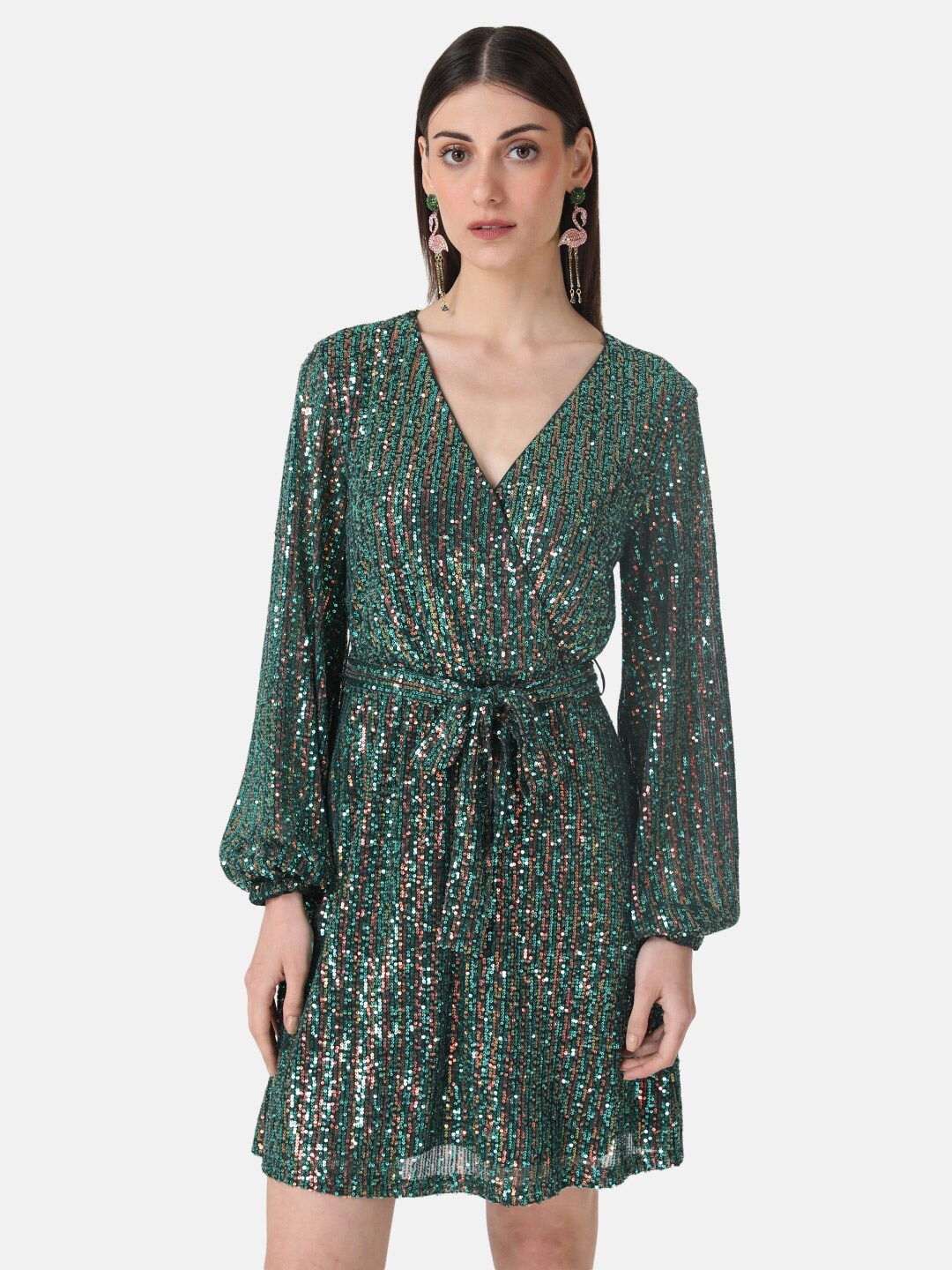 

Kazo Embellished Puff Sleeves Sequined Detail Party Fit & Flare Dress, Green