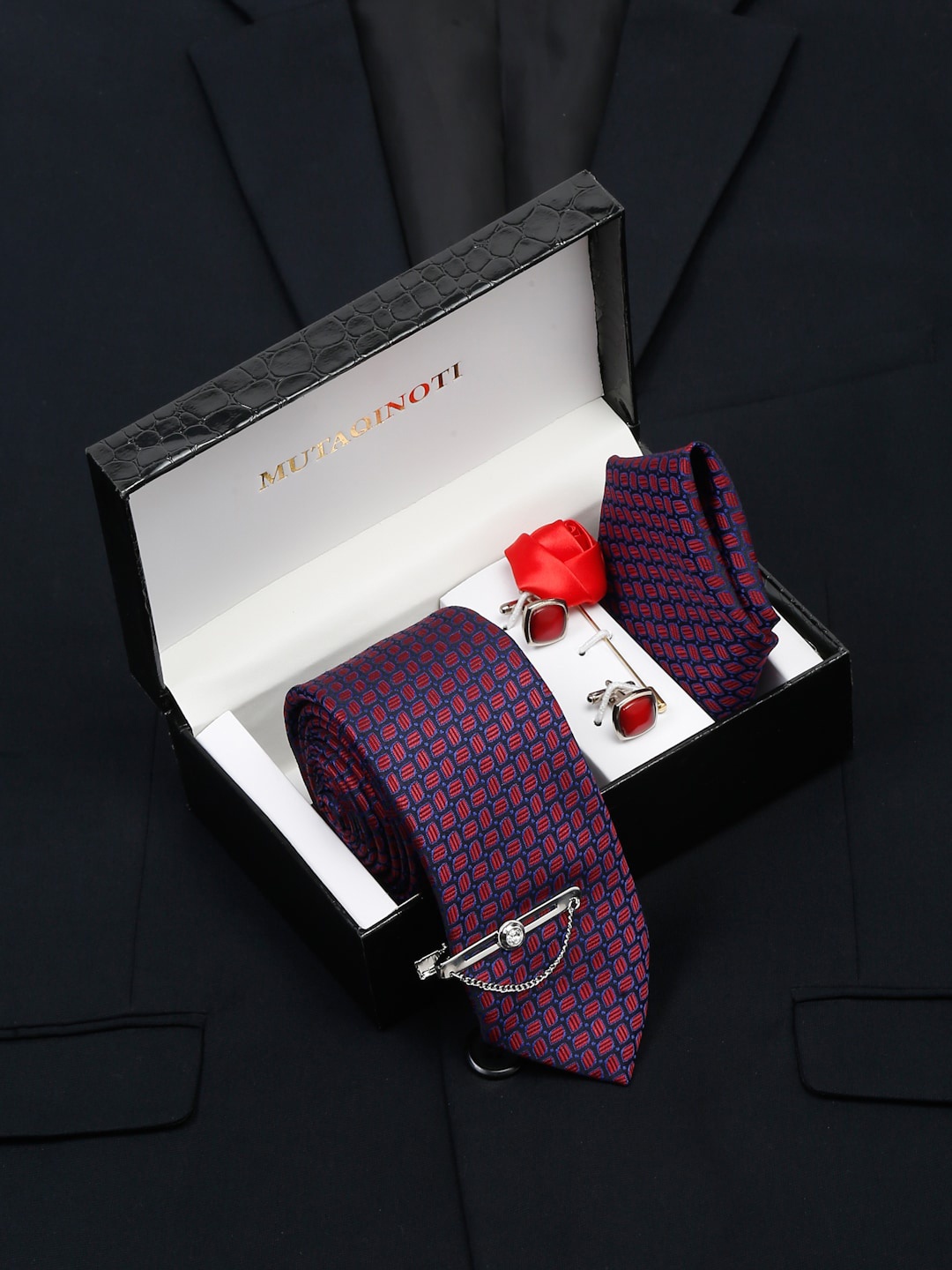 

MUTAQINOTI Men Silk Necktie Accessory Gift Set, Maroon
