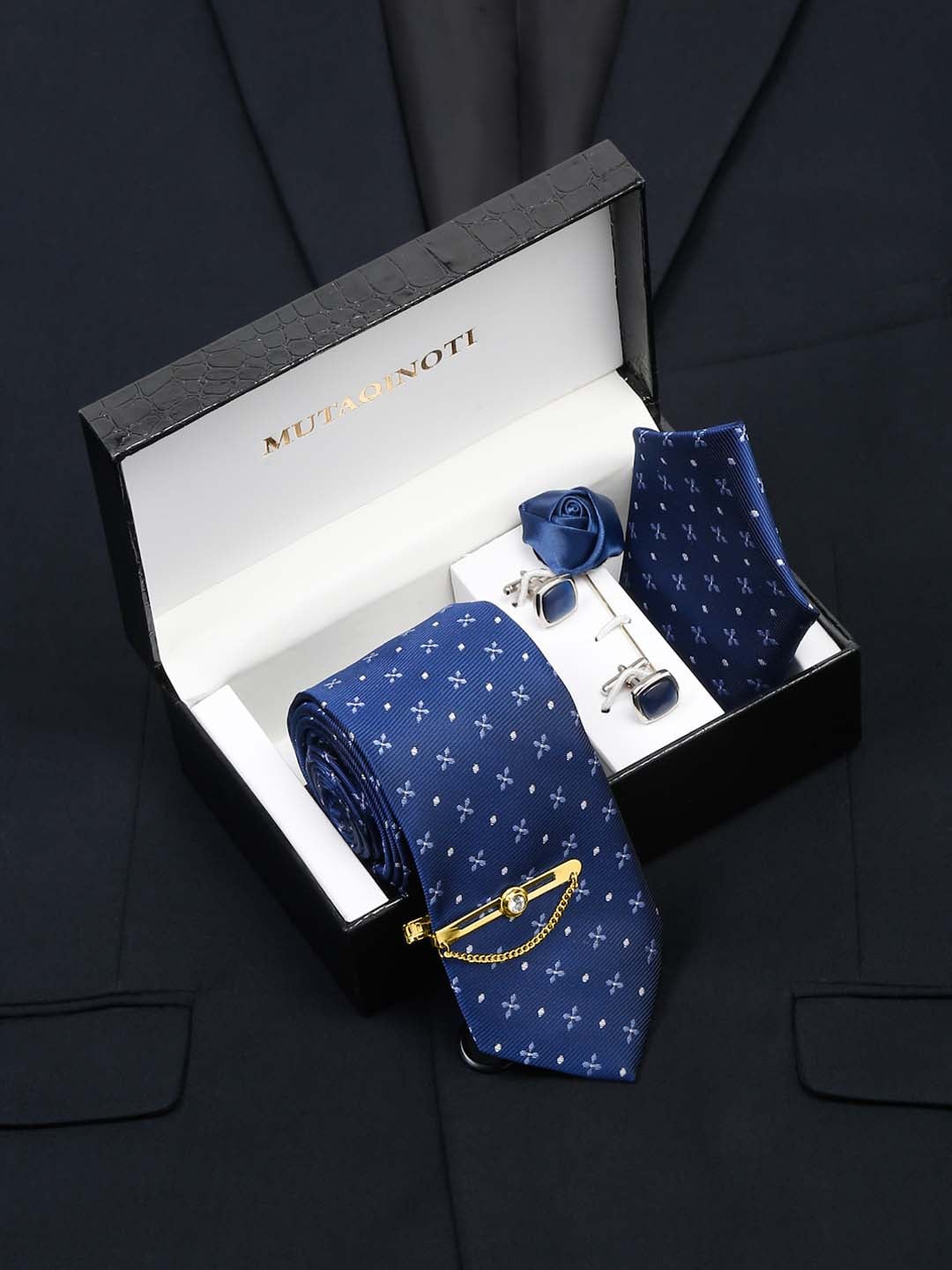 

MUTAQINOTI Men Silk Necktie Accessory Gift Set, Blue