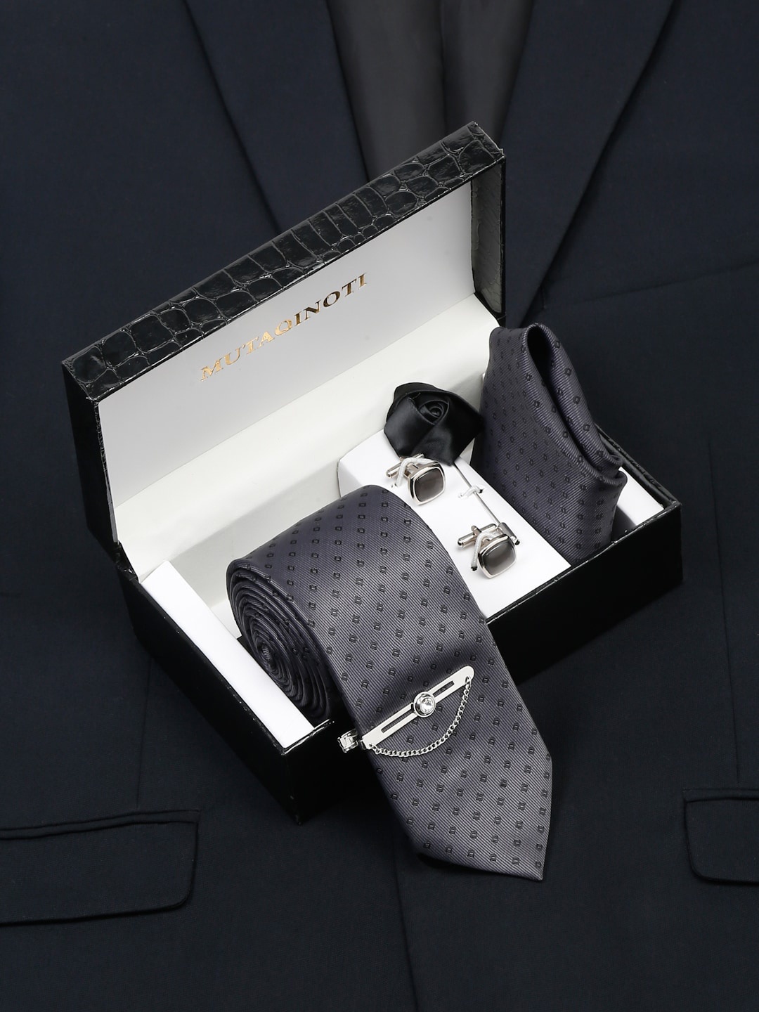 MUTAQINOTI Men Dotted Silk Necktie Accessory Gift Set, Grey