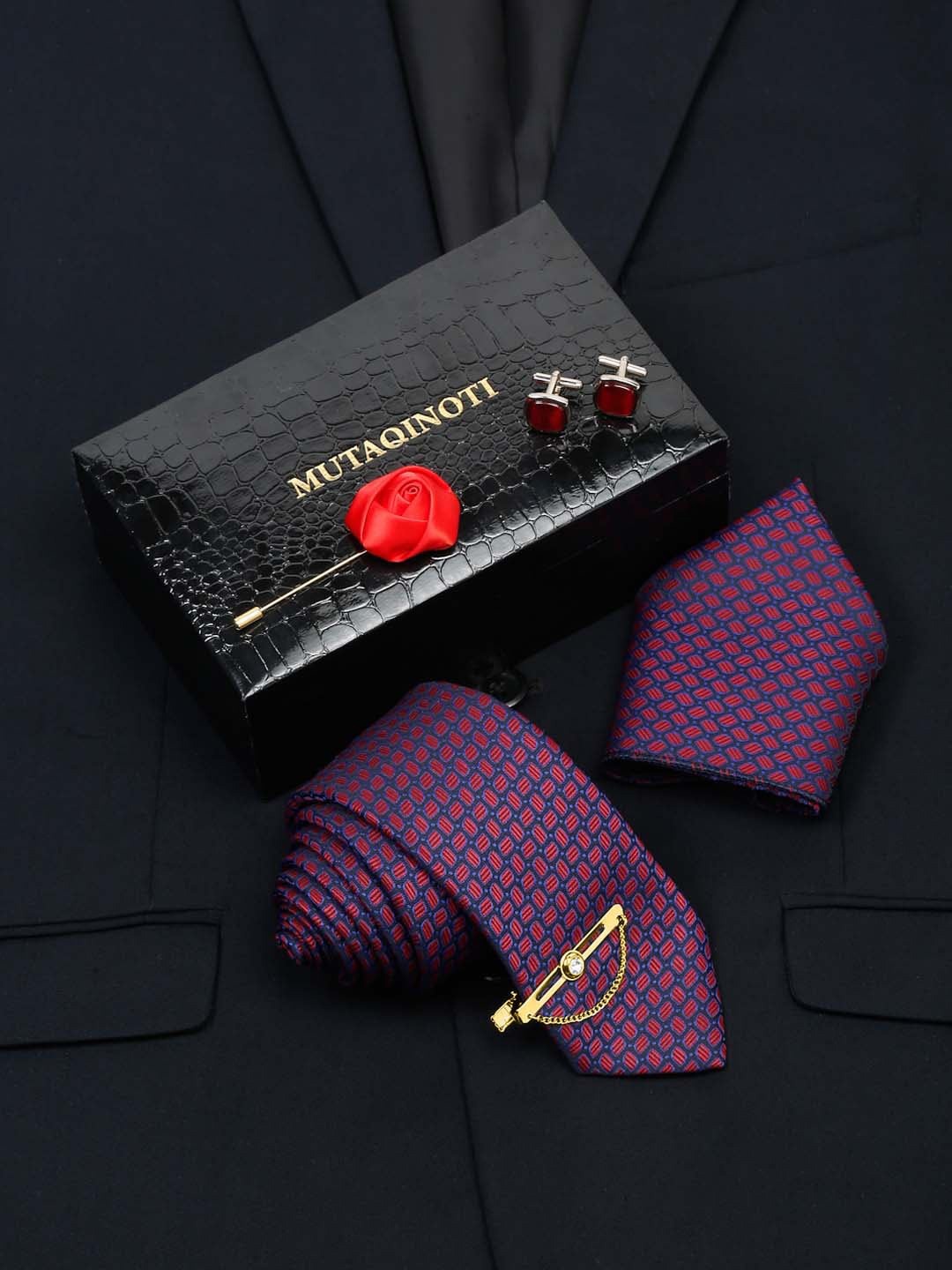 

MUTAQINOTI Men Silk Formal Necktie Accessory Gift Set, Maroon