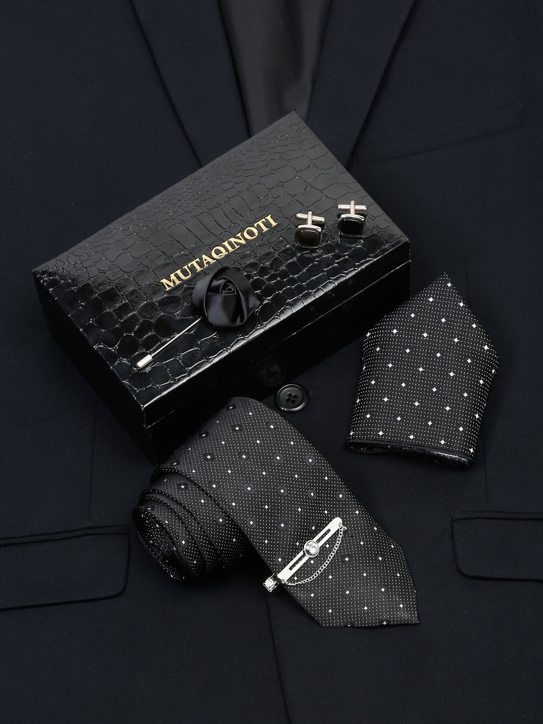 

MUTAQINOTI Men Geometric Self Design Silk Necktie Accessory Gift Set, Black