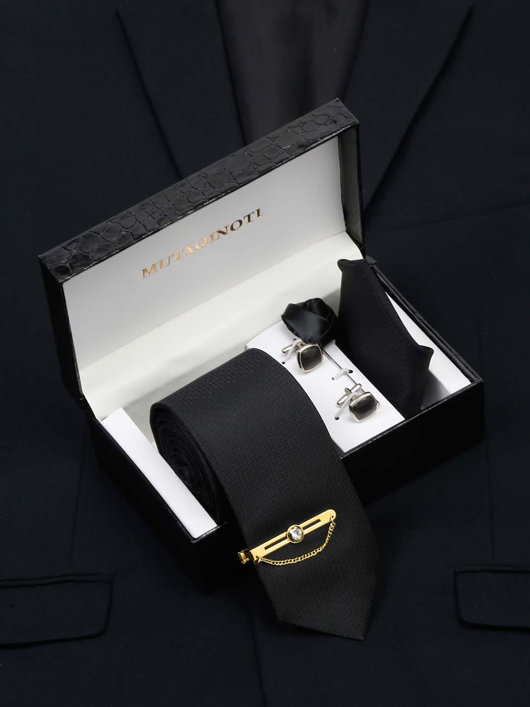 

MUTAQINOTI Men Checked Silk Necktie Accessory Gift Set, Black
