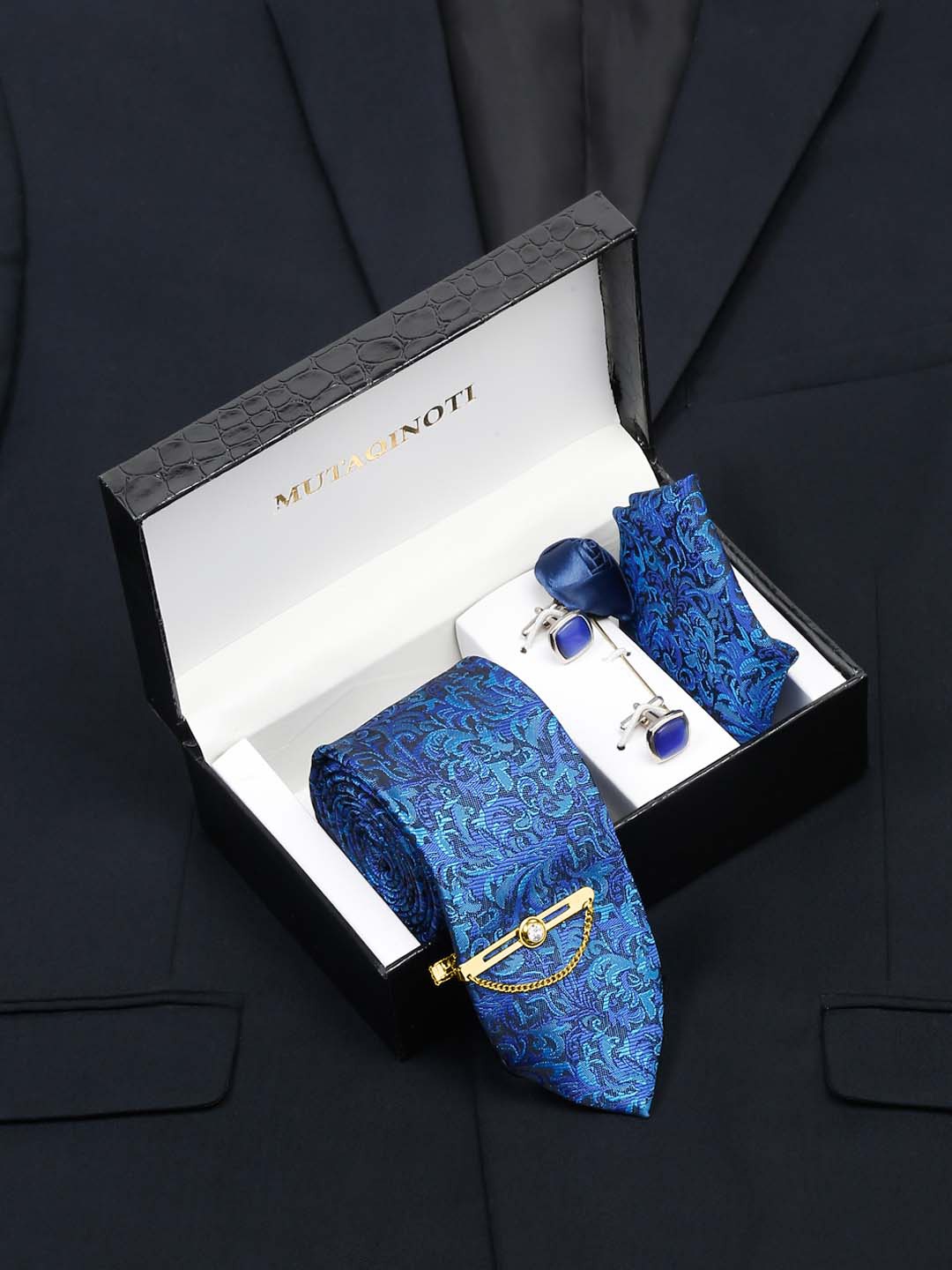 

MUTAQINOTI Men Silk Necktie Accessory Gift Set, Blue