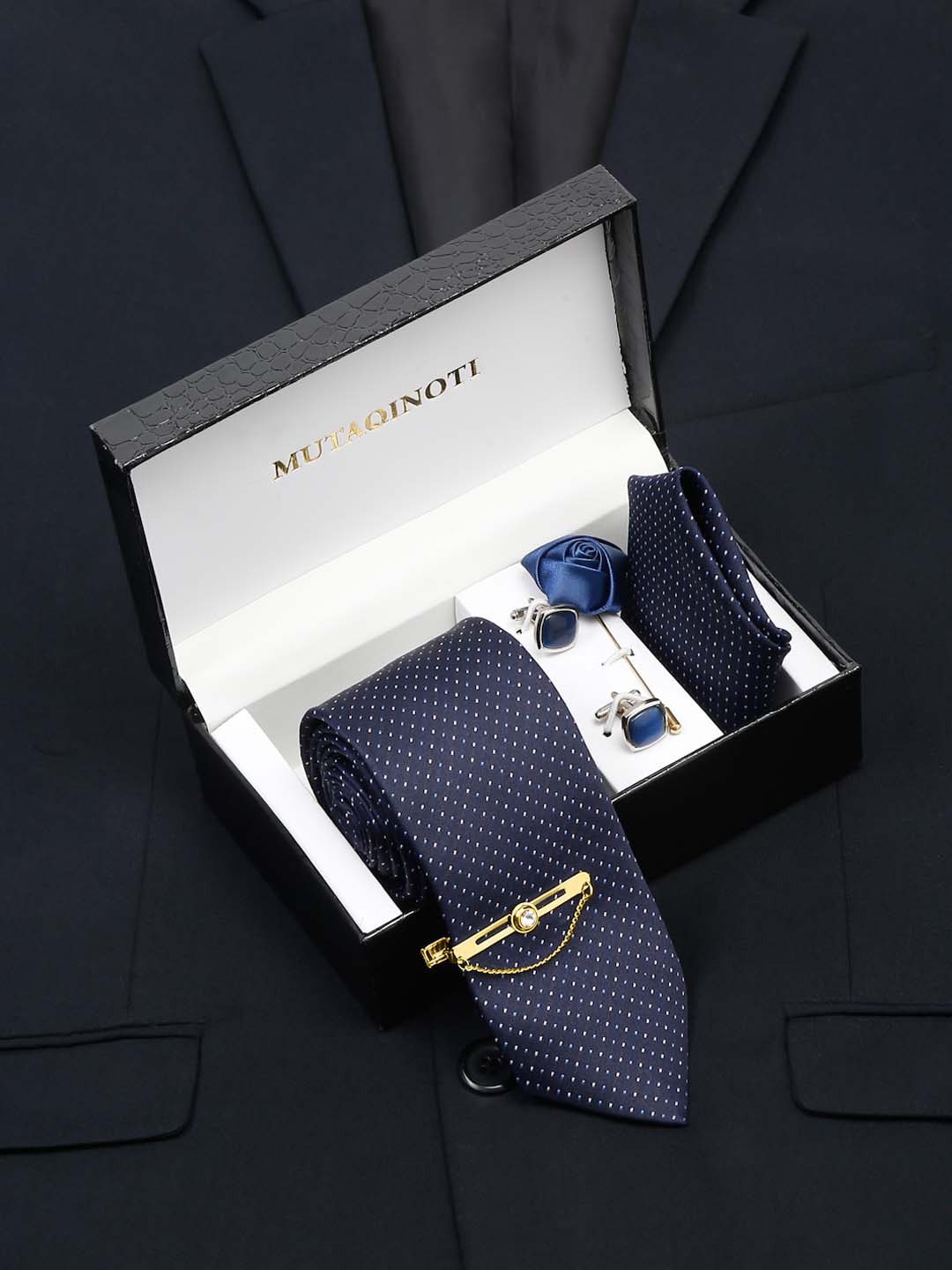 

MUTAQINOTI Men Silk Necktie Accessory Gift Set, Blue