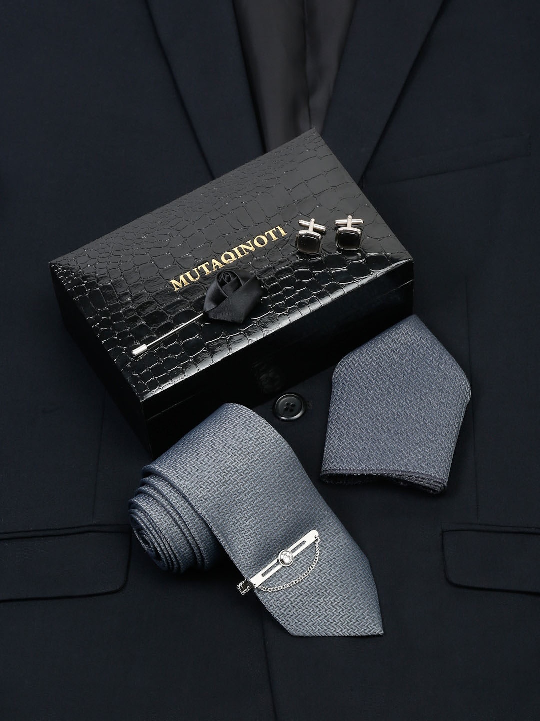 

MUTAQINOTI Men Formal Silk Necktie Accessory Gift Set, Grey