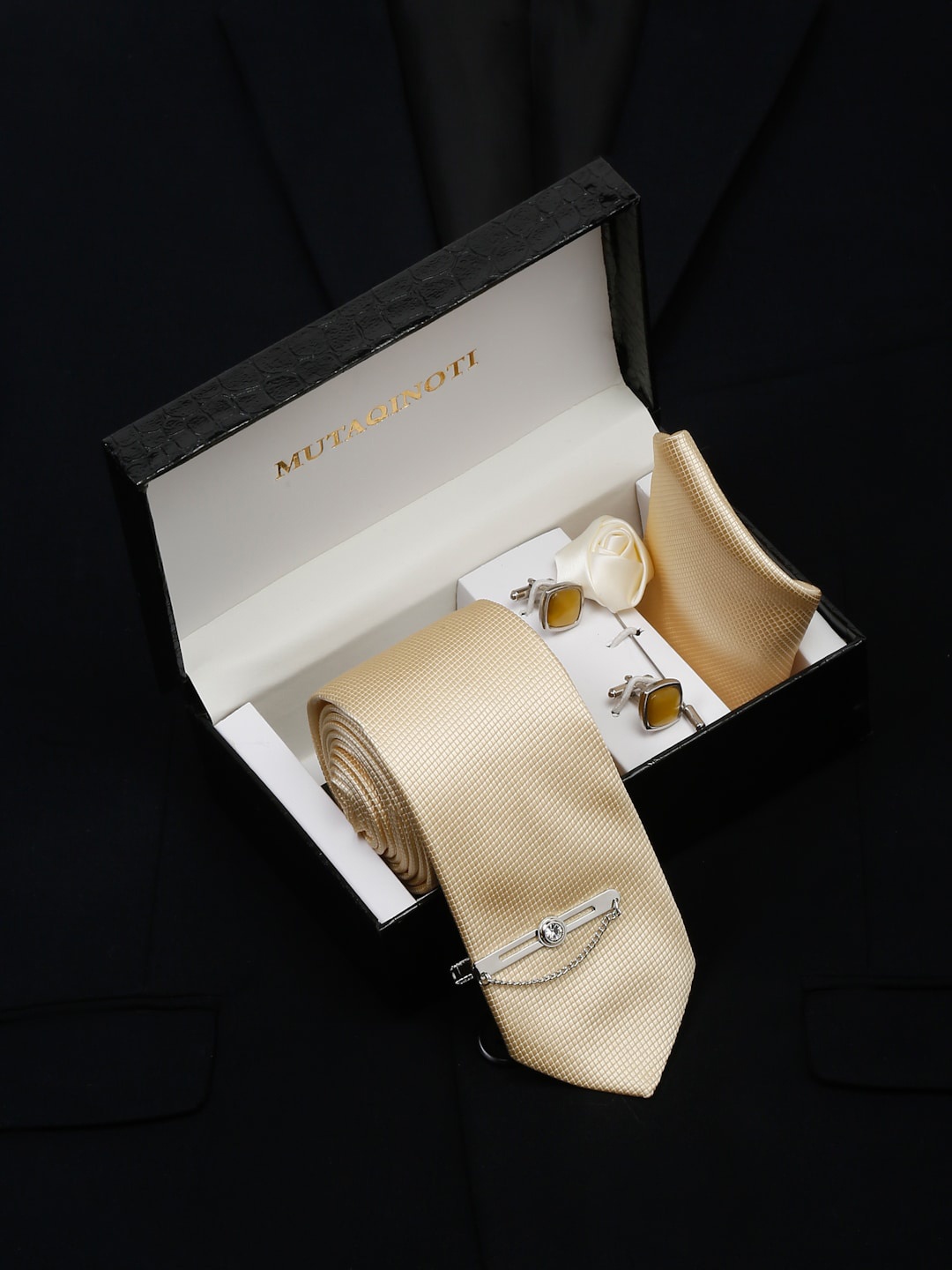 

MUTAQINOTI Men Light Cream Silk Necktie Accessory Gift Set