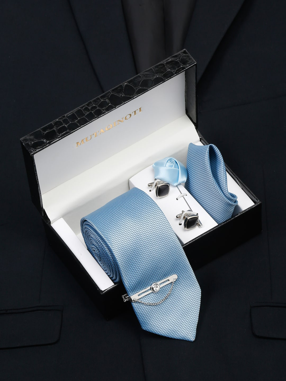 

MUTAQINOTI Men Light Blue Silk Necktie Accessory Gift Set