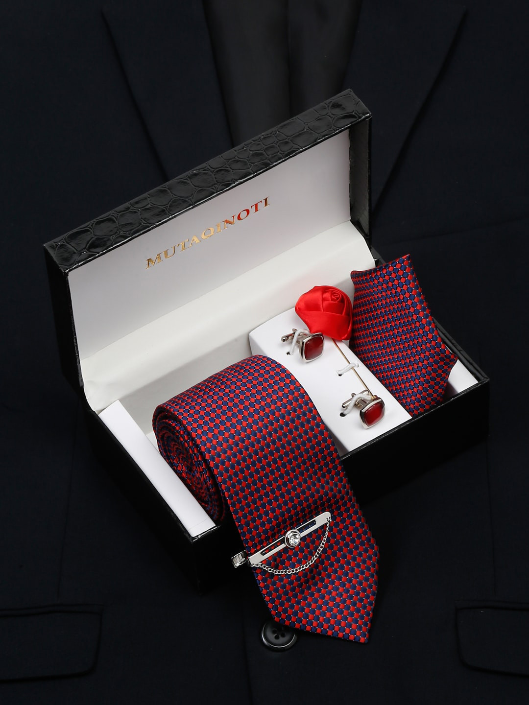 

MUTAQINOTI Men Formal Silk Necktie Accessory Gift Set, Red