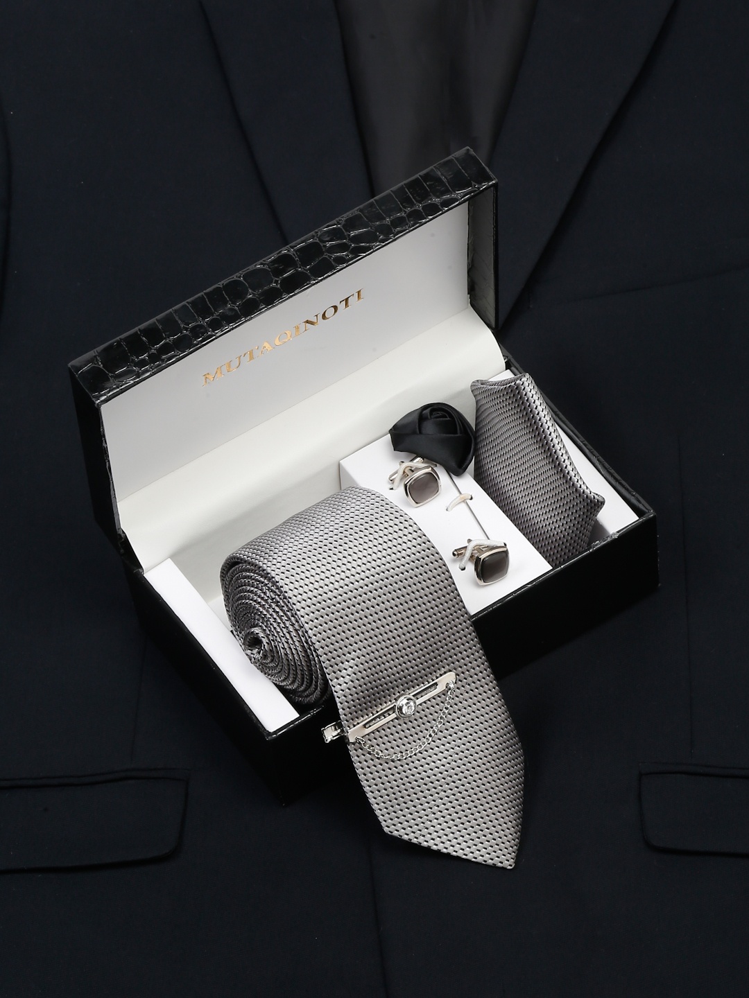 

MUTAQINOTI Men Silk Necktie Accessory Gift Set, Grey