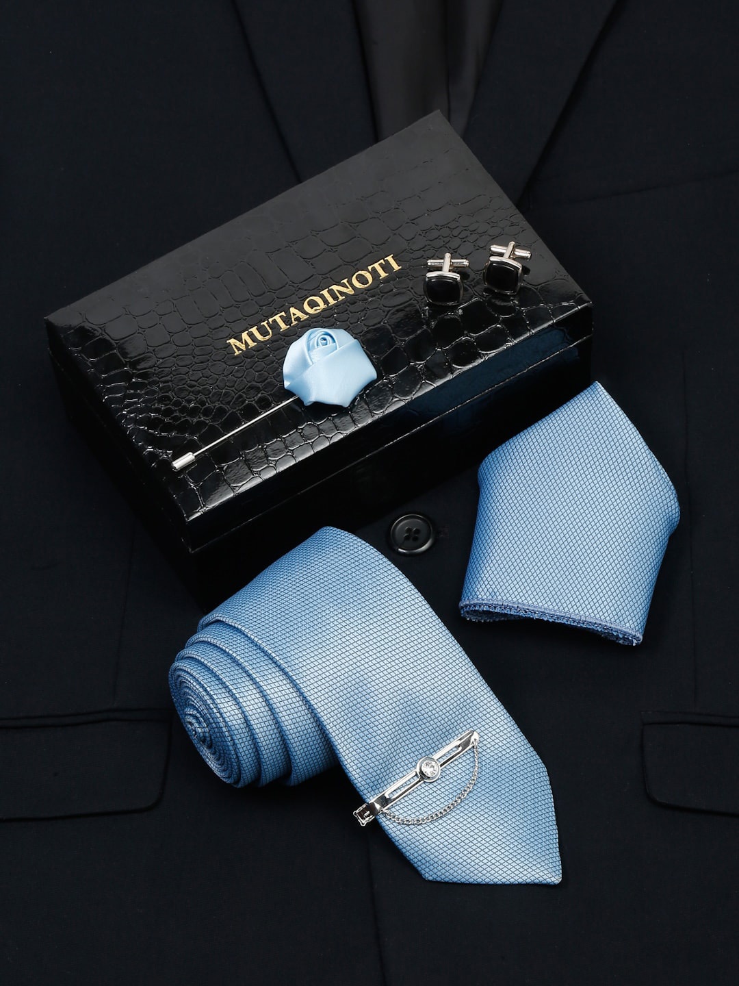 

MUTAQINOTI Men Silk Necktie Accessory Gift Set, Blue