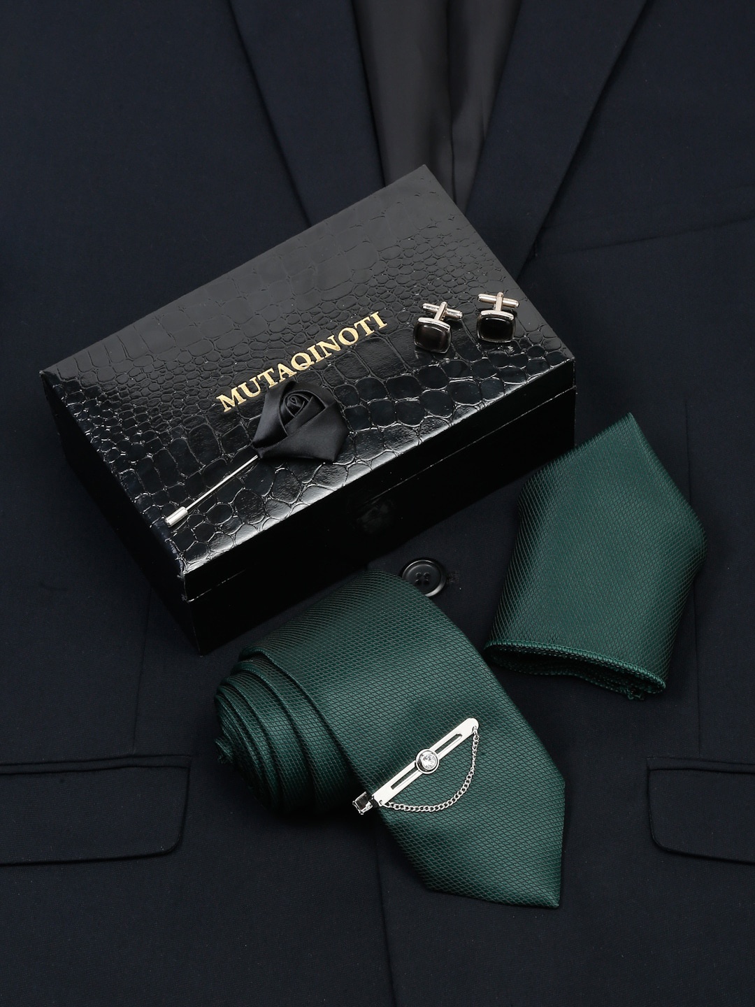 

MUTAQINOTI Men Silk Necktie Accessory Gift Set, Green