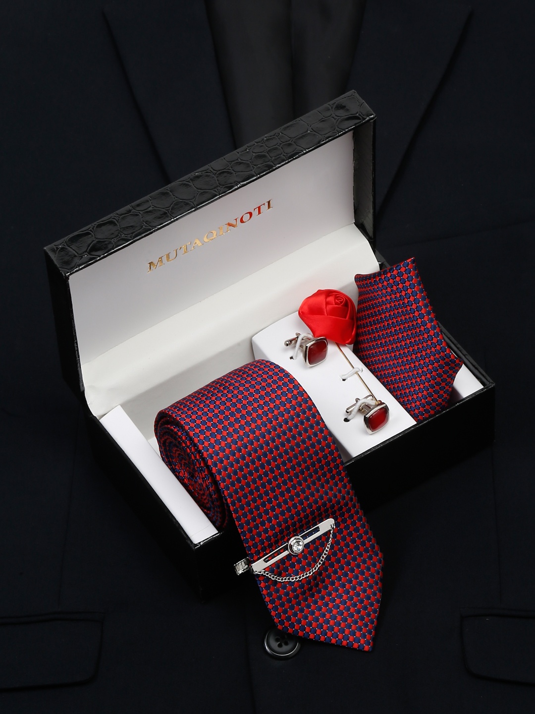 

MUTAQINOTI Men Silk Blend Necktie Accessory Gift Set, Red