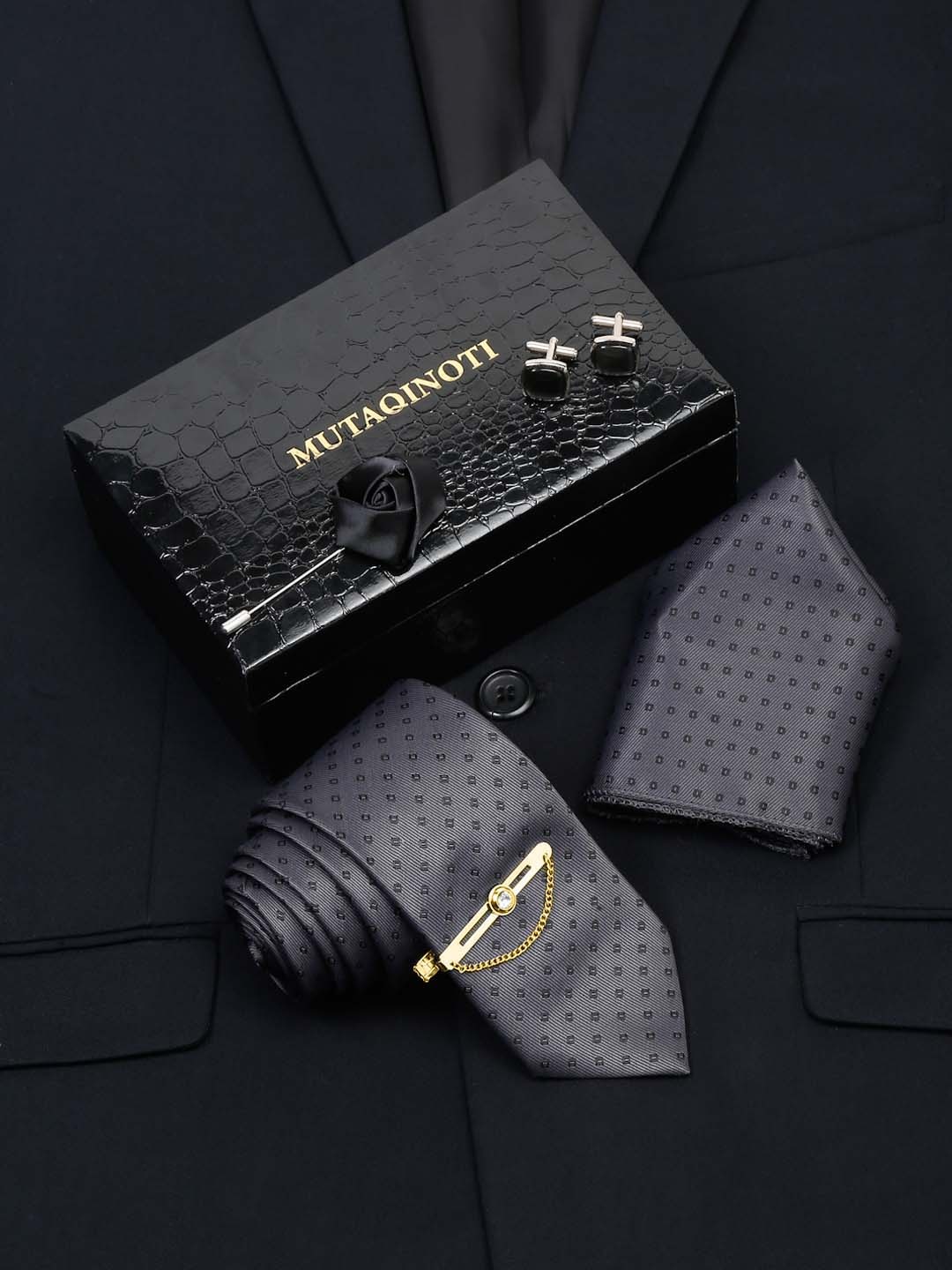 

MUTAQINOTI Men Dotted Pattern Formal Silk Accessory Gift Set, Grey