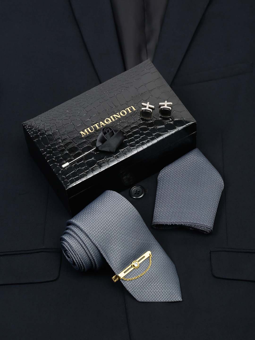 

MUTAQINOTI Men Silk Necktie Accessory Gift Set, Grey