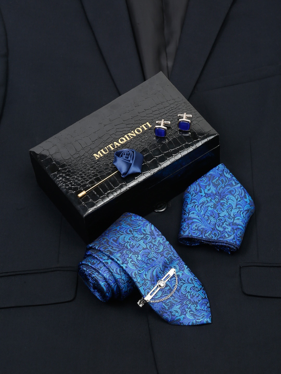 

MUTAQINOTI Men Space Blue Silk Necktie Accessory Gift Set