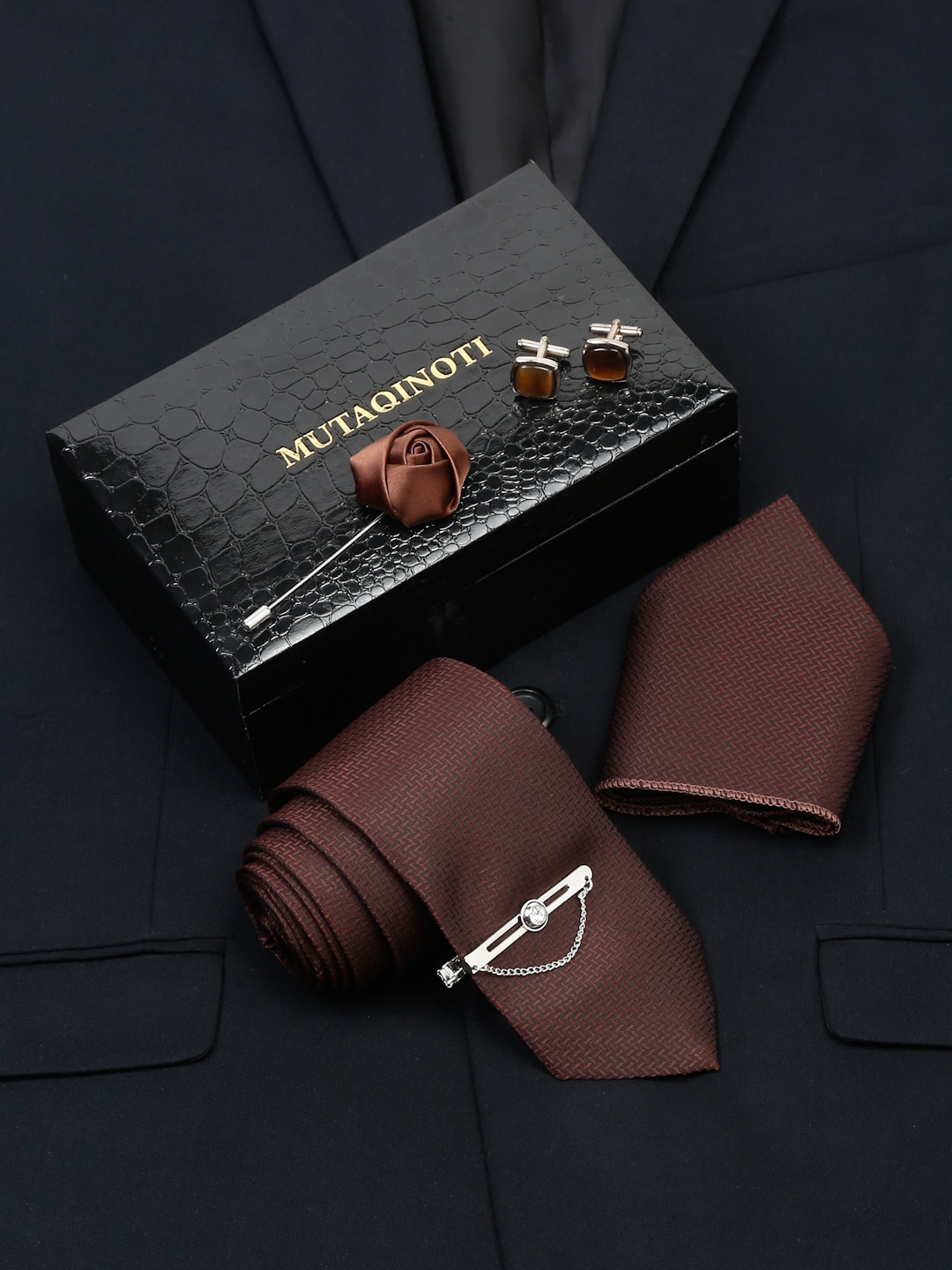 

MUTAQINOTI Men Geometric Self Design Silk Necktie Accessory Gift Set, Brown