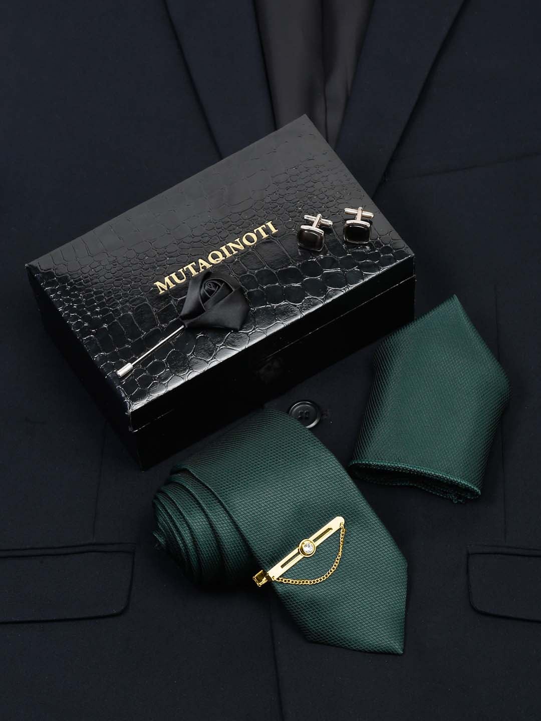 

MUTAQINOTI Men Checkered Silk Necktie Accessory Gift Set, Green