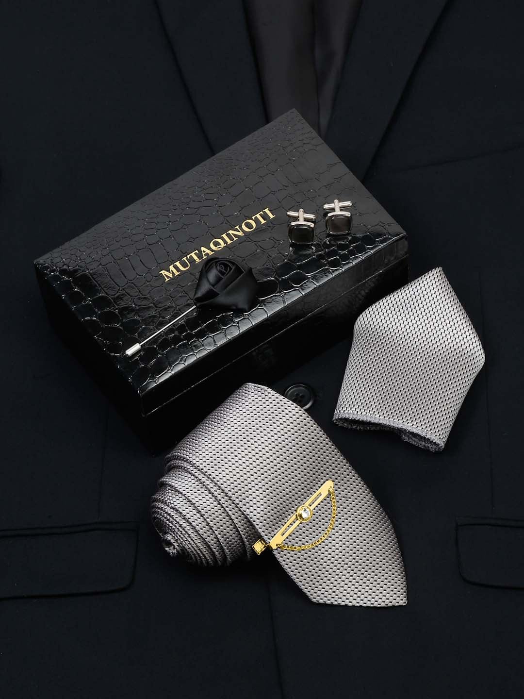 

MUTAQINOTI Men Silk Necktie Accessory Gift Set, Grey