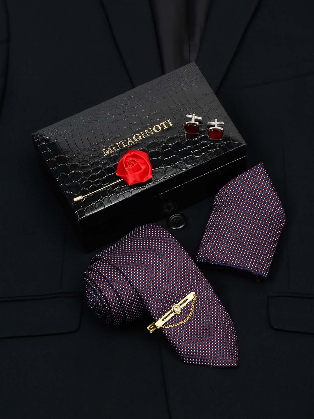 

MUTAQINOTI Men Silk Necktie Accessory Gift Set, Maroon