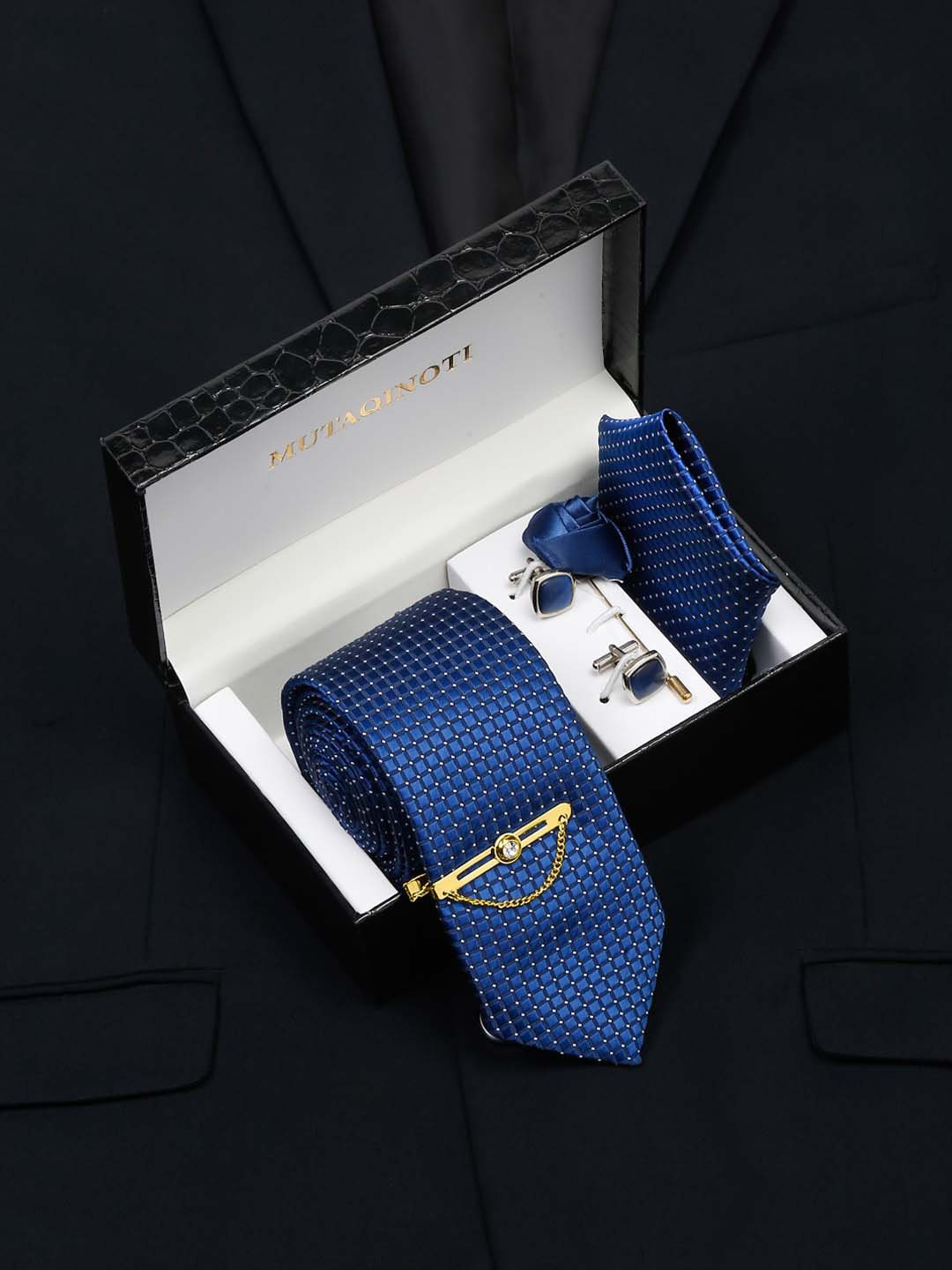 

MUTAQINOTI Men Silk Necktie Accessory Gift Set, Blue