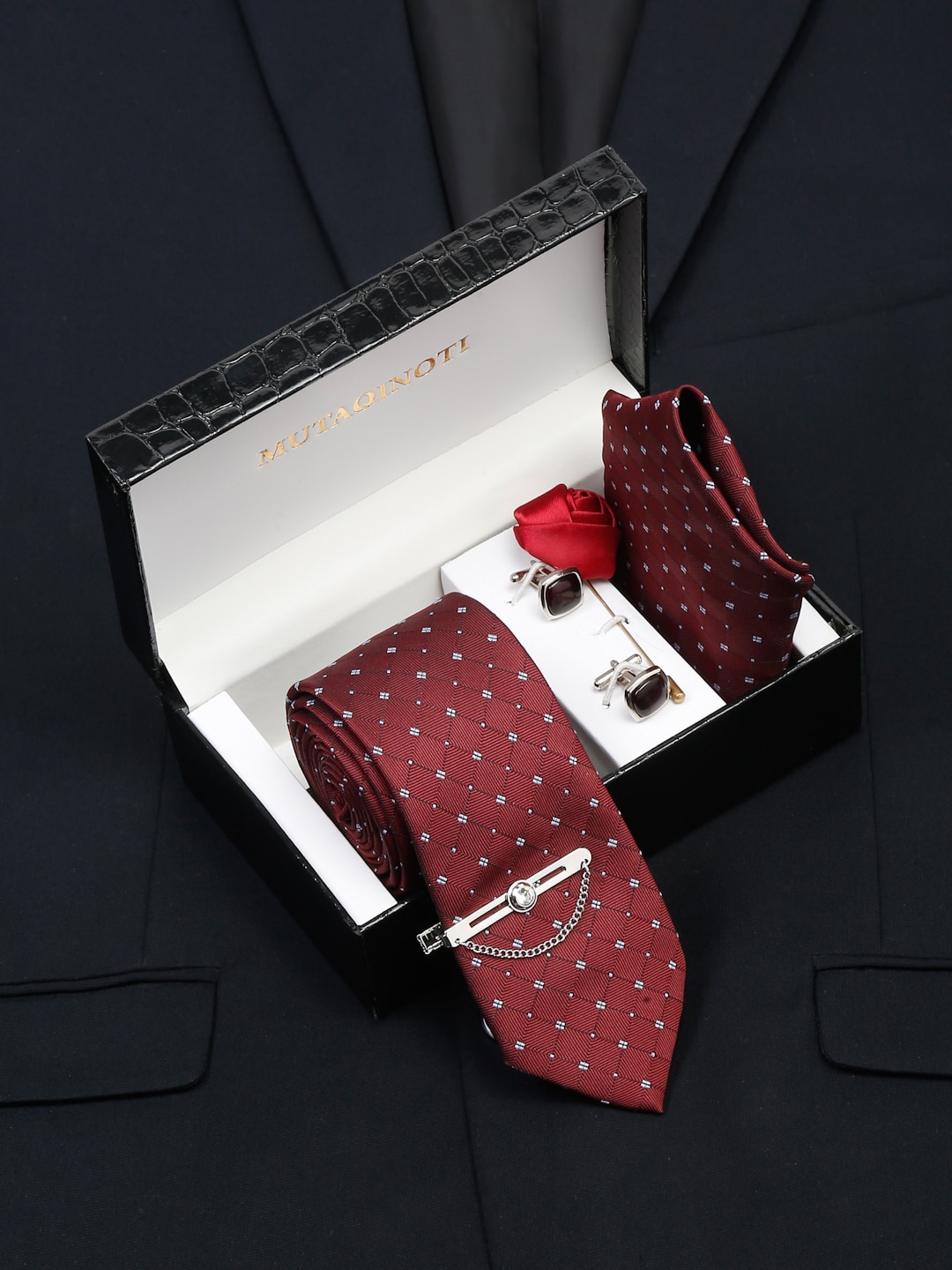 

MUTAQINOTI Men Rosewood Silk Necktie Accessory Gift Set, Maroon