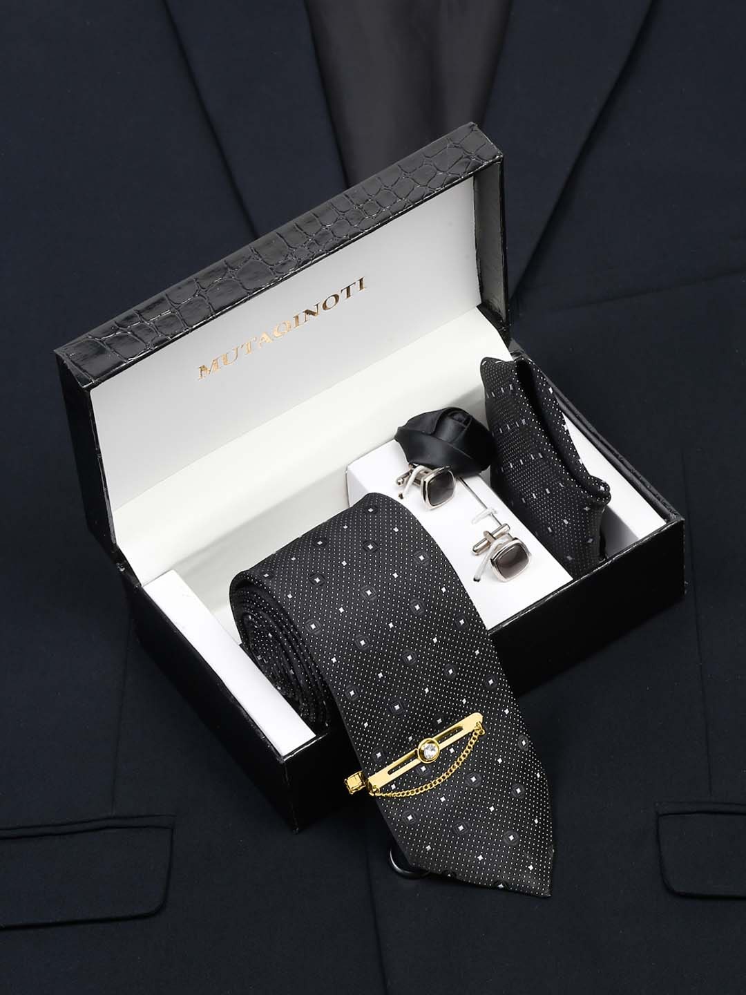 

MUTAQINOTI Men Checkered Black Silk Necktie Accessory Gift Set
