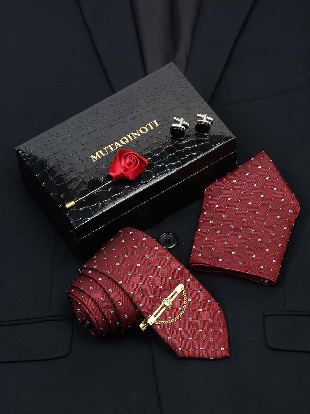 

MUTAQINOTI Men Silk Necktie Accessory Gift Set, Maroon