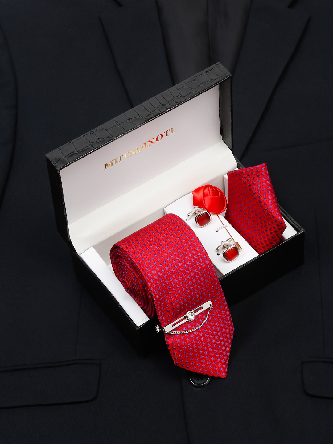 MUTAQINOTI Men Silk Blend Necktie Accessory Gift Set, Red