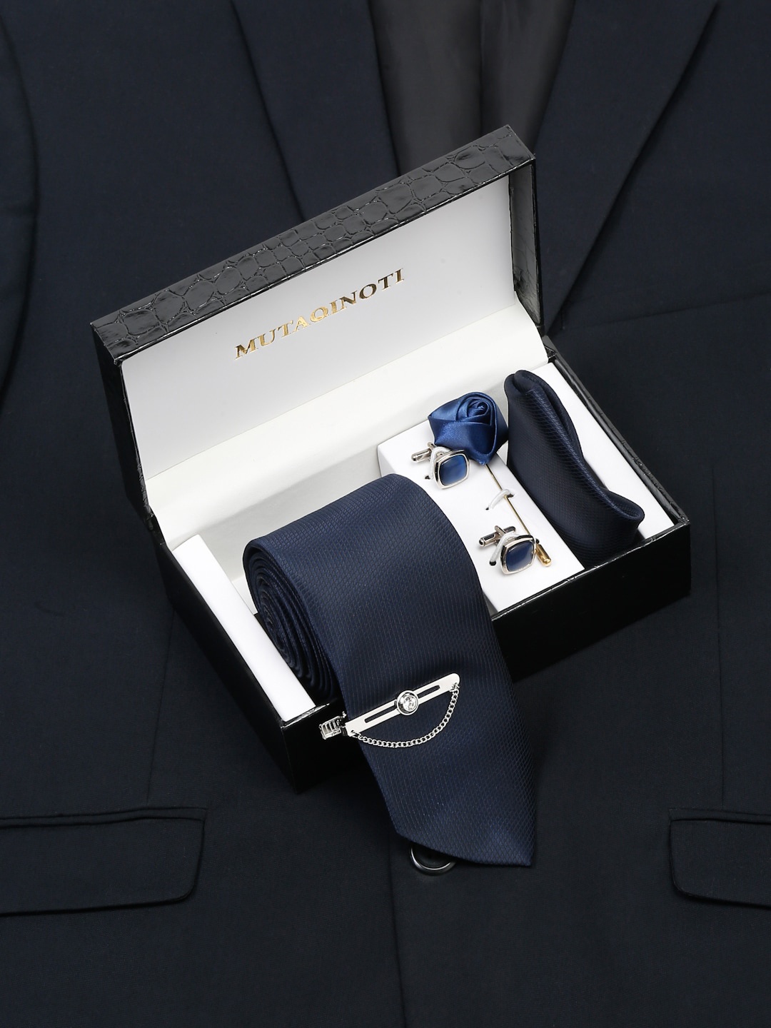 MUTAQINOTI Men Silk Necktie Accessory Gift Set, Blue