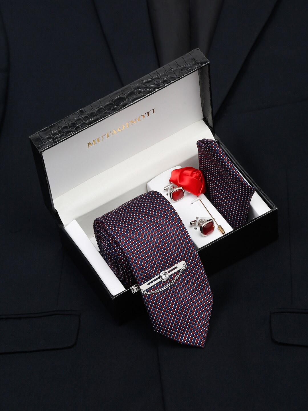 MUTAQINOTI Men Formal Silk Accessory Gift Set, Maroon