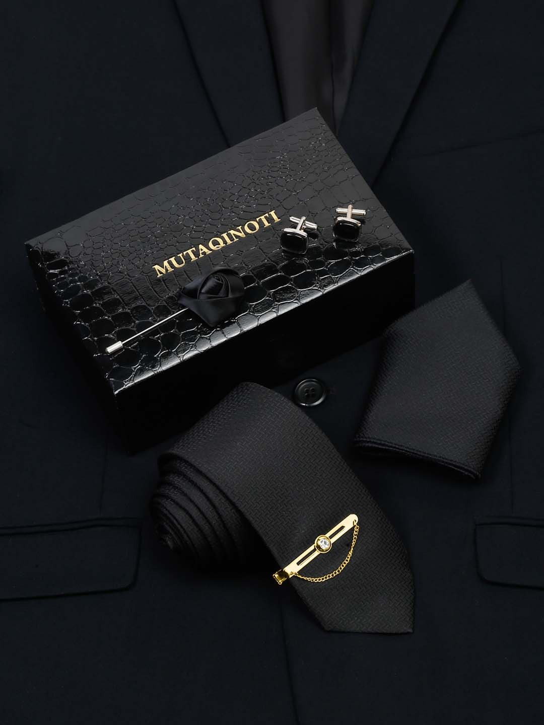 

MUTAQINOTI Men Checkered Black Silk Necktie Accessory Gift Set