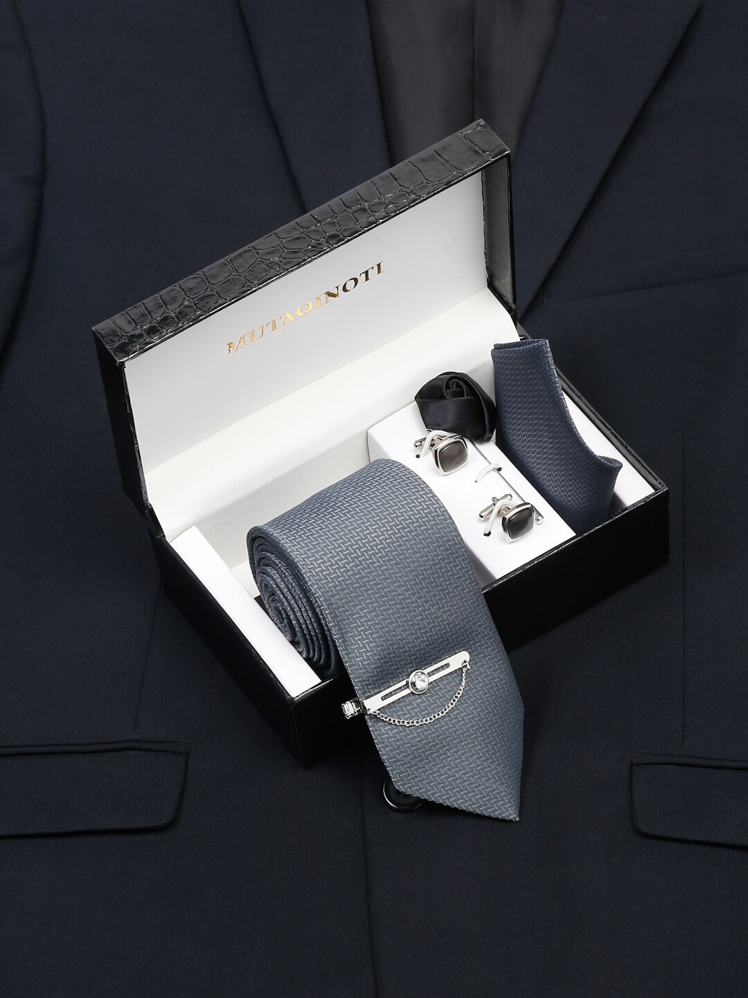 

MUTAQINOTI Men Silk Necktie Accessory Gift Set, Grey