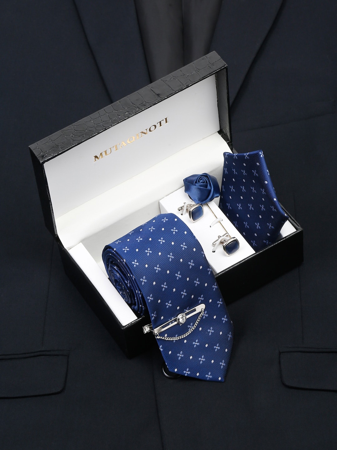 

MUTAQINOTI Men Silk Necktie Accessory Gift Set, Blue