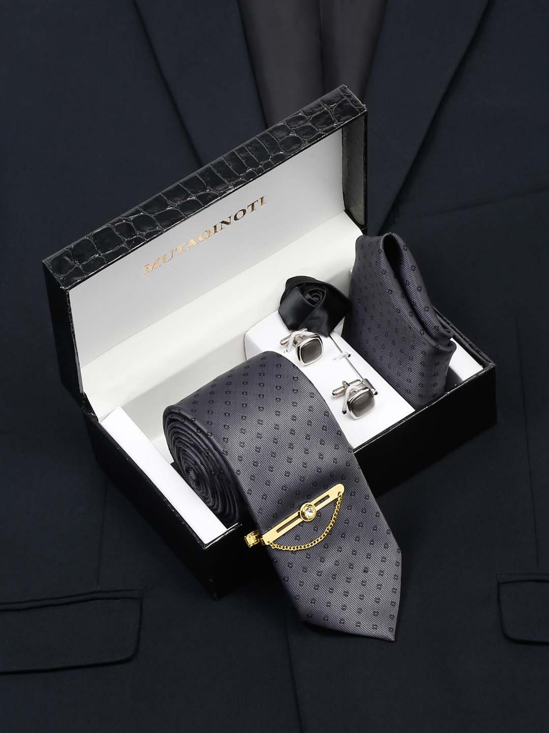 

MUTAQINOTI Men Silk Necktie Accessory Gift Set, Grey