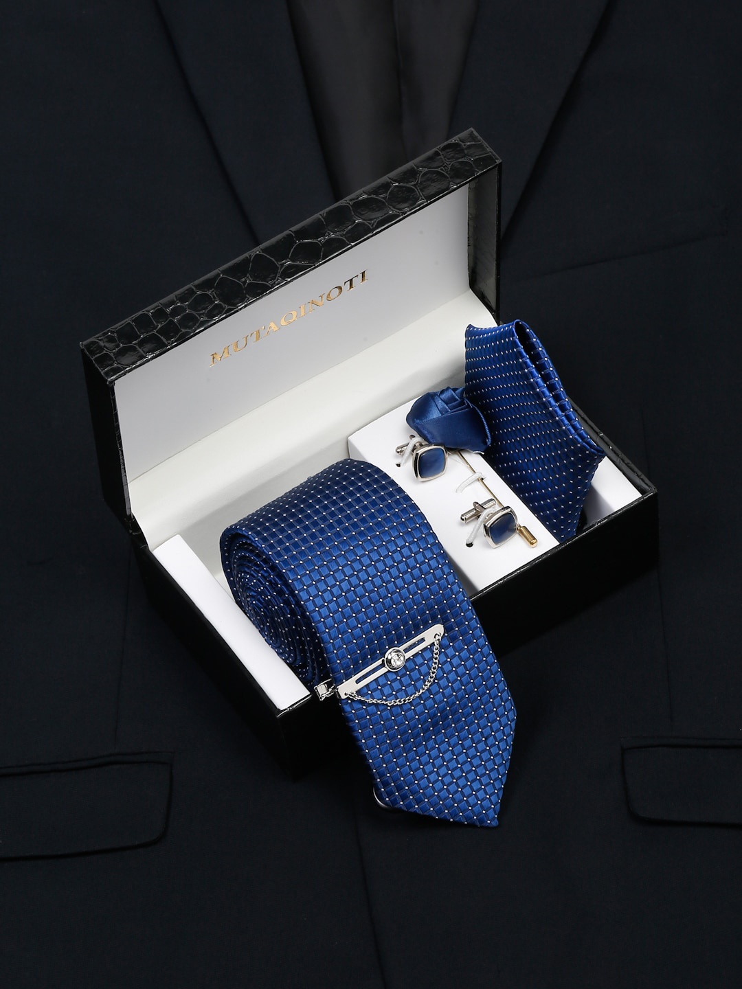 

MUTAQINOTI Men Silk Necktie Accessory Gift Set, Blue