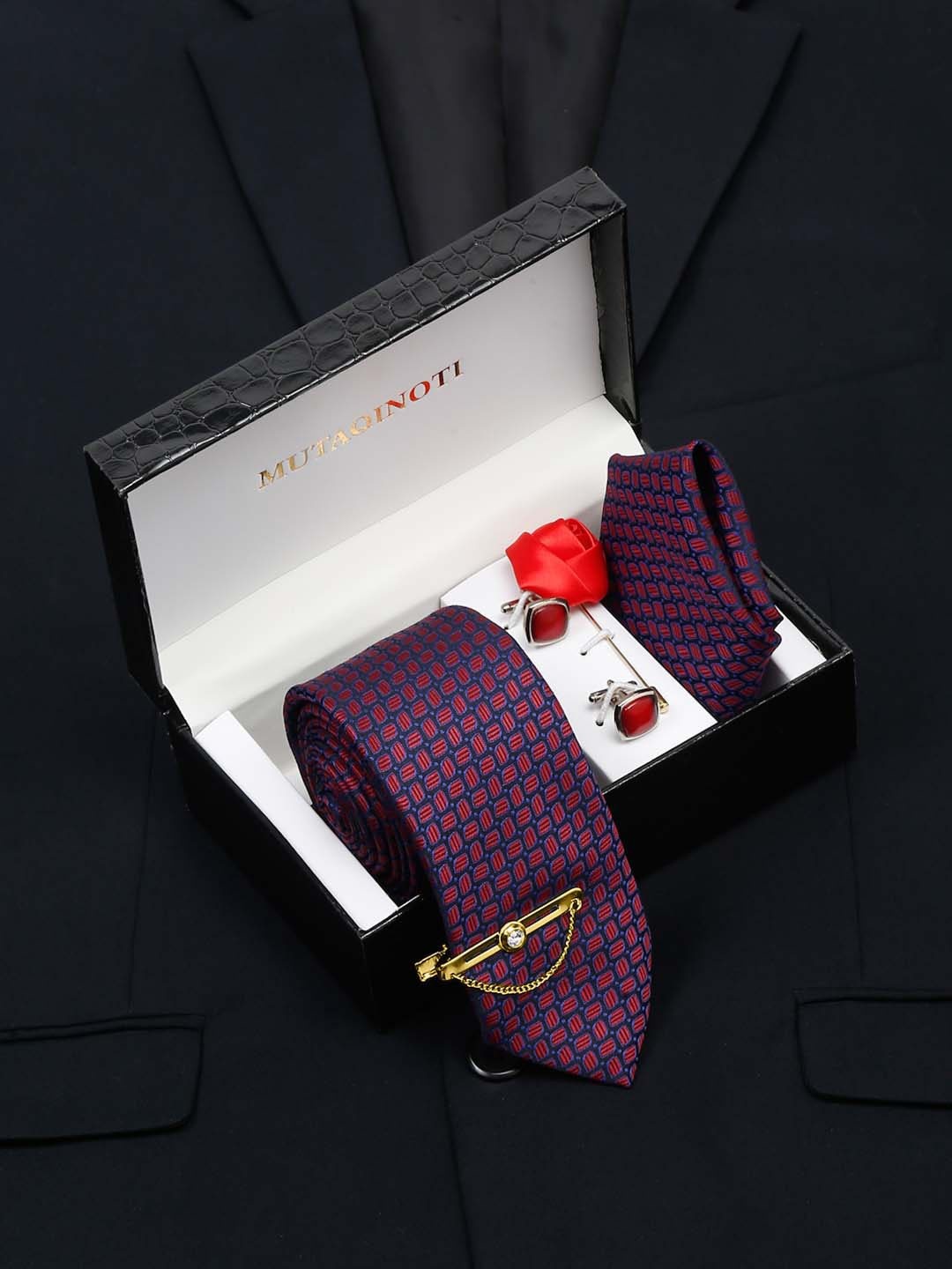 

MUTAQINOTI Men Silk Necktie Accessory Gift Set, Maroon