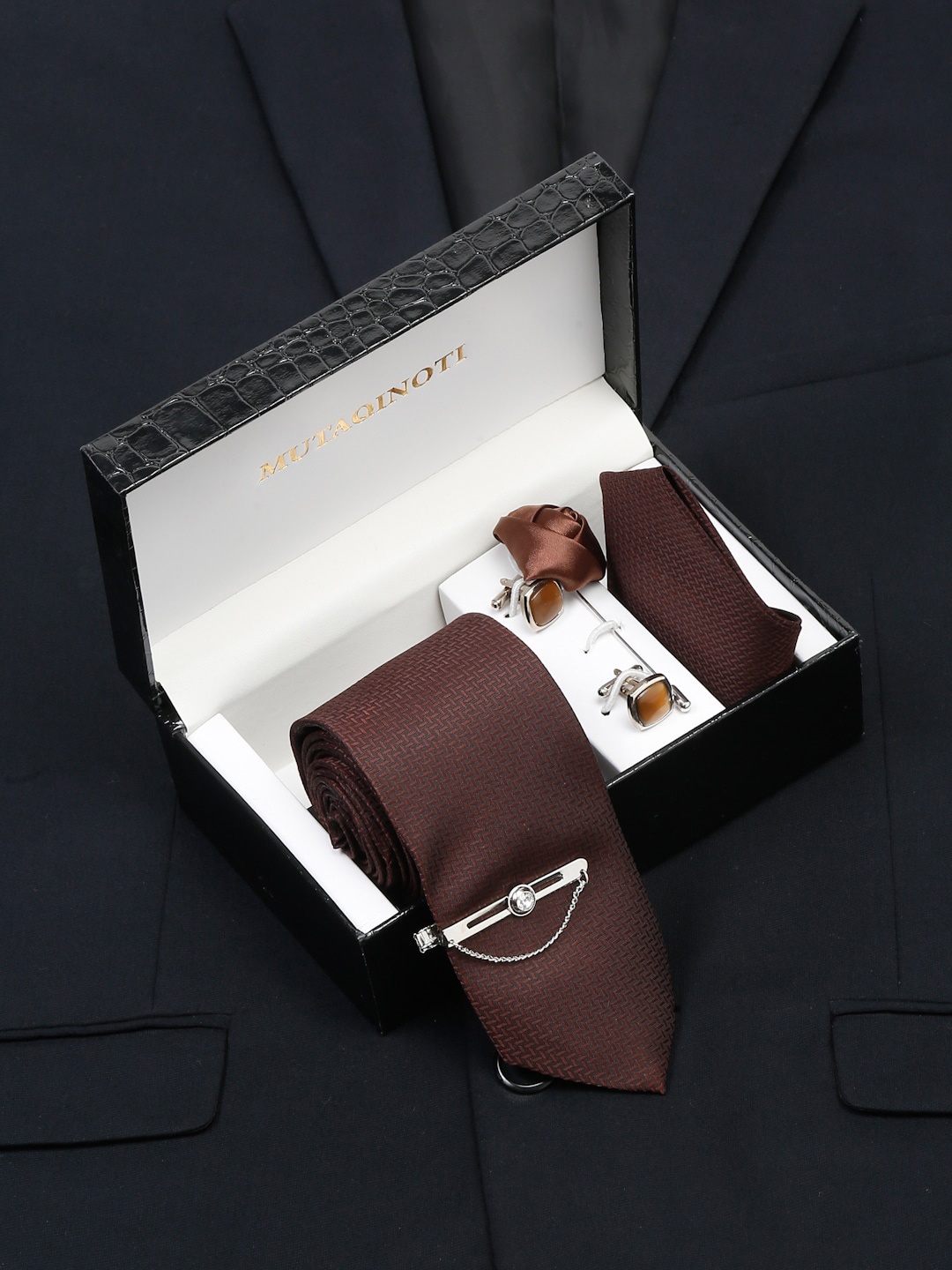 MUTAQINOTI Men Silk Necktie Accessory Gift Set, Brown