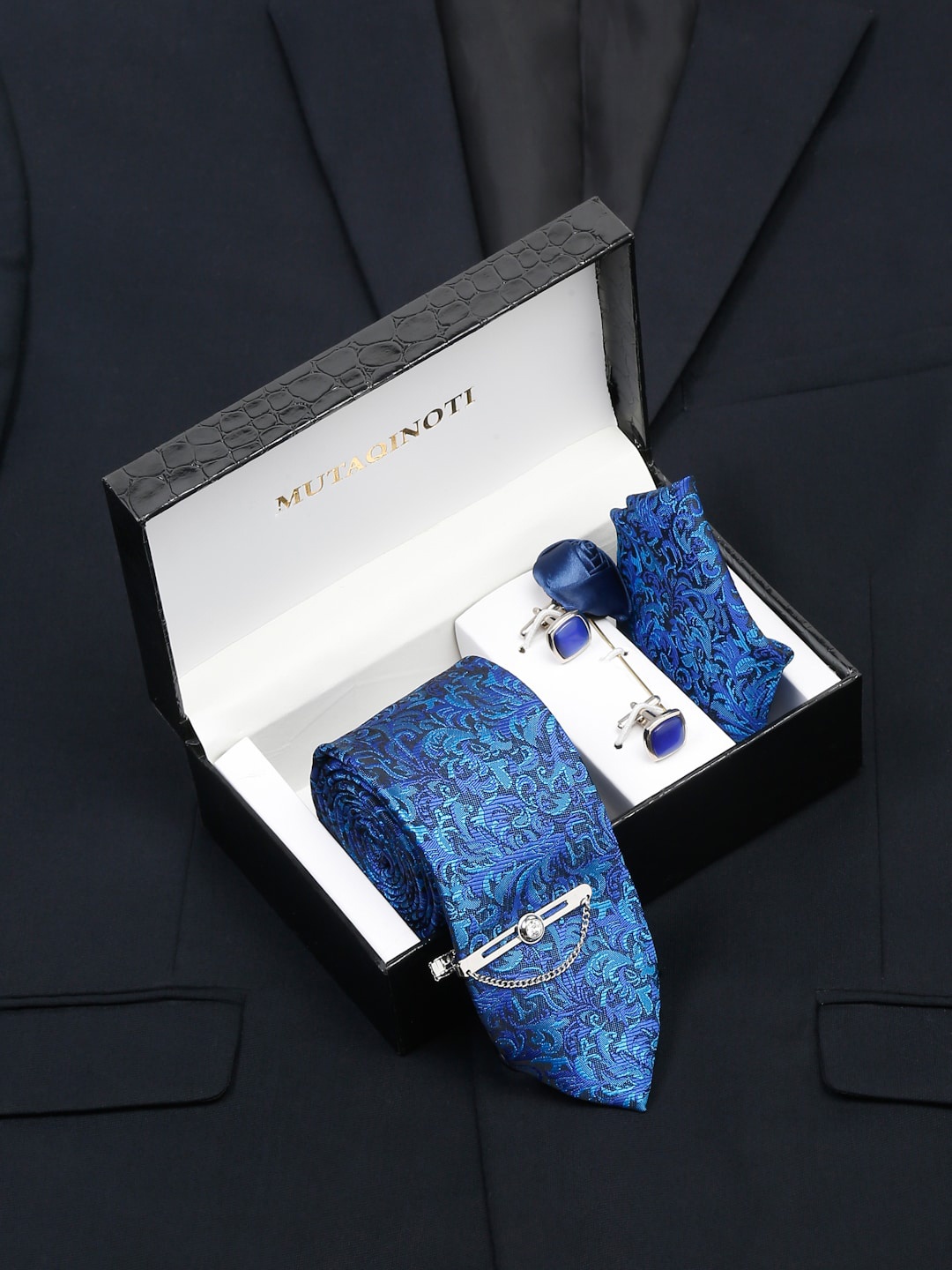 MUTAQINOTI Men Silk Necktie Accessory Gift Set, Blue