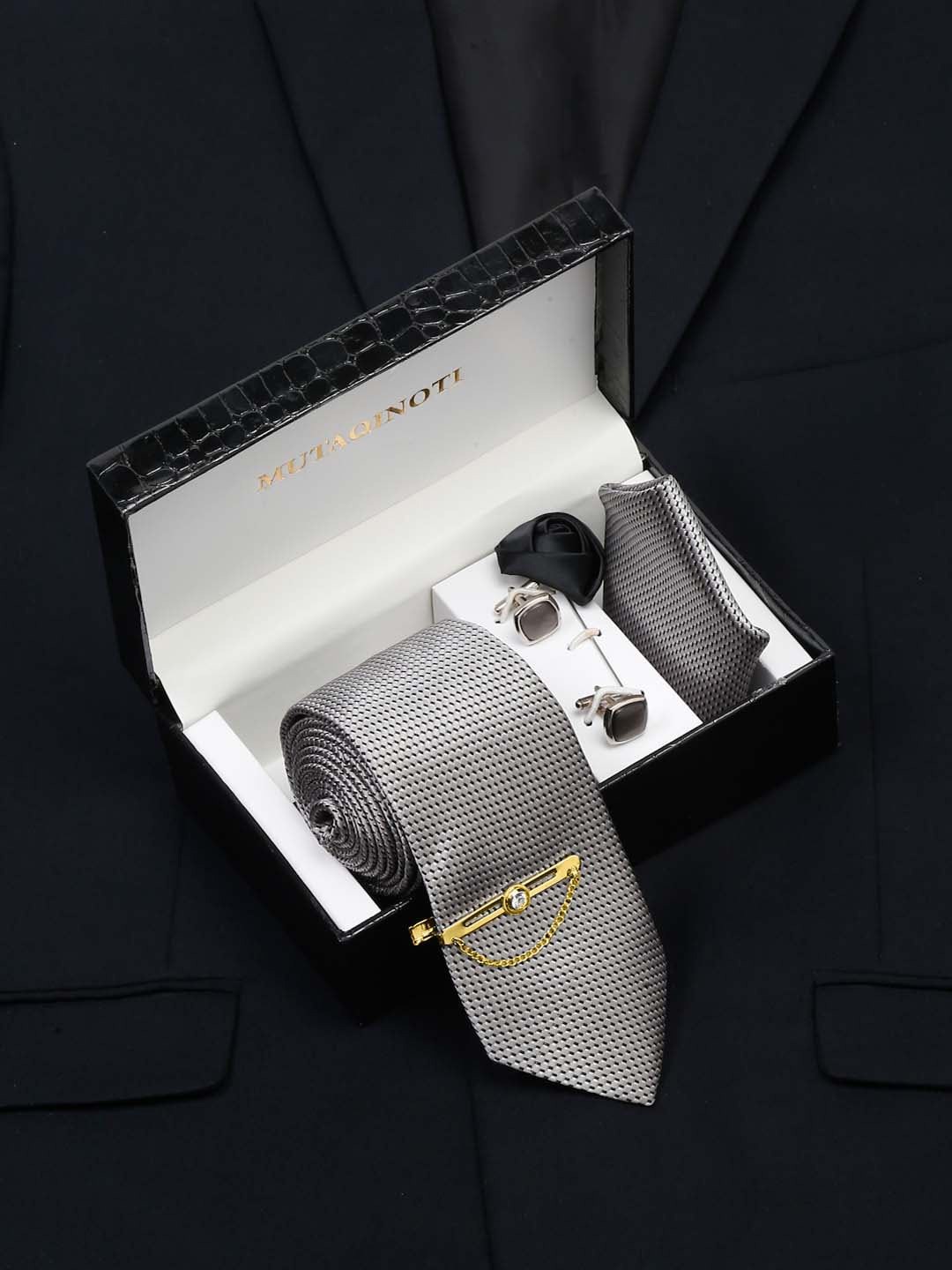 

MUTAQINOTI Men Formal Silk Accessory Gift Set, Grey