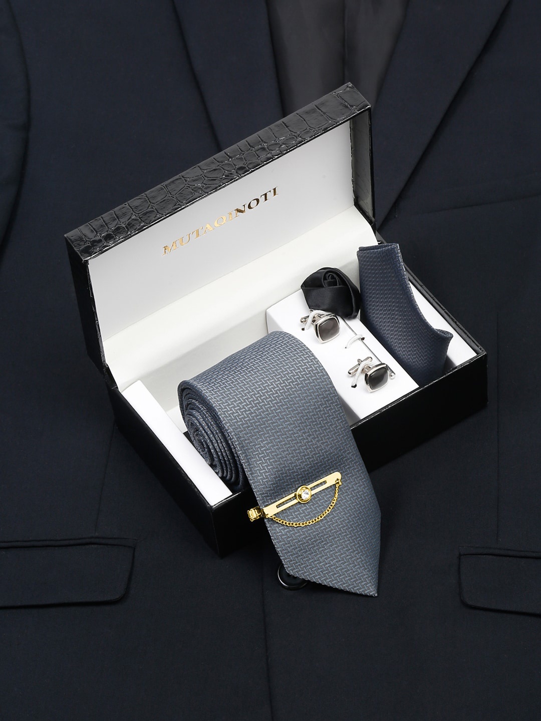 MUTAQINOTI Men Silk Necktie Accessory Gift Set, Grey
