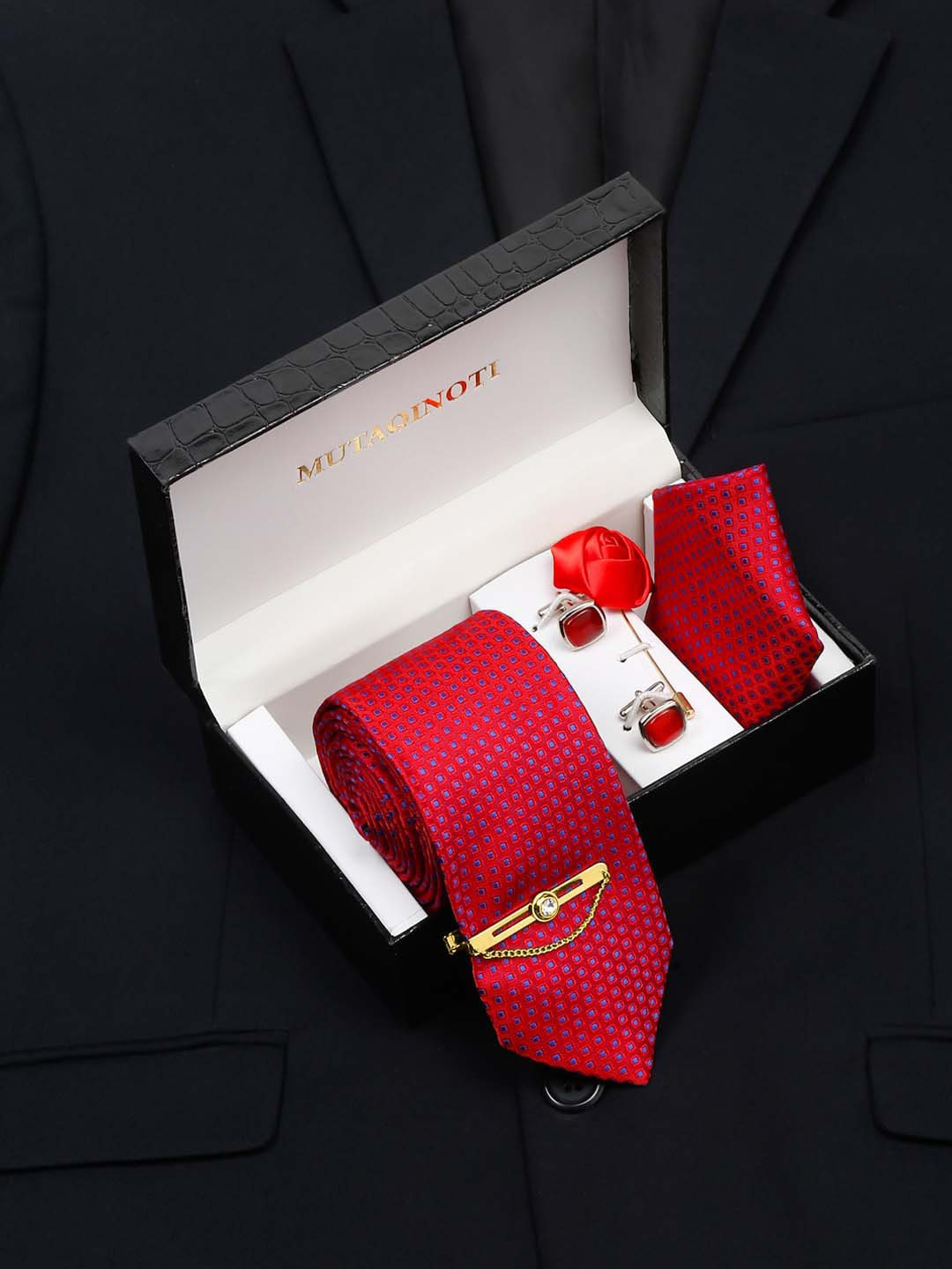 

MUTAQINOTI Men Woven Design Silk Formal Accessory Gift set, Red