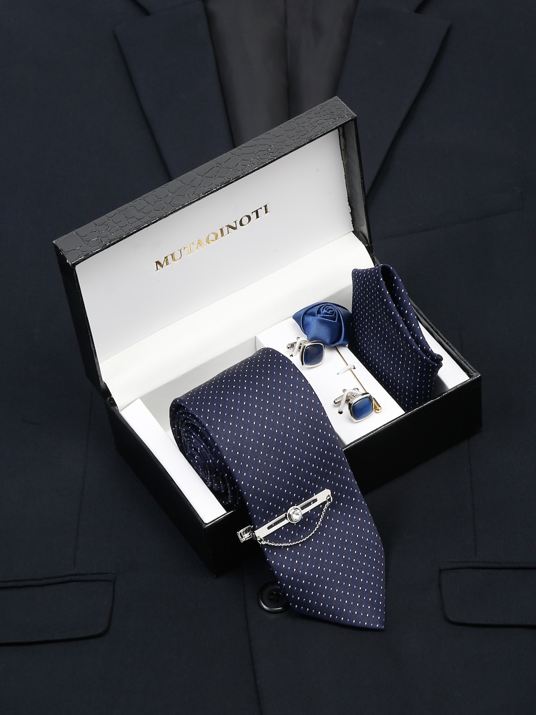 

MUTAQINOTI Men Formal Silk Accessory Gift Set, Navy blue