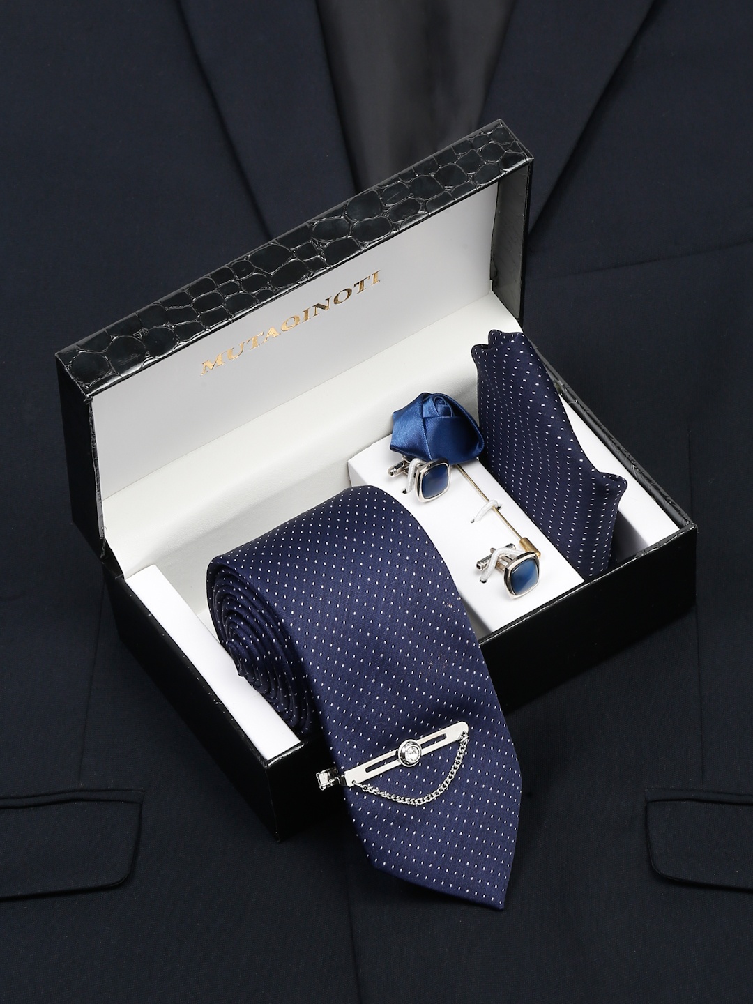 

MUTAQINOTI Men Silk Necktie Accessory Gift Set, Navy blue