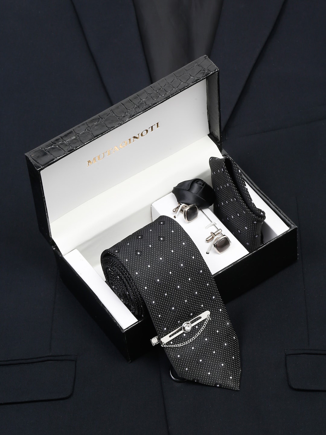 

MUTAQINOTI Men Silk Necktie Accessory Gift Set, Black