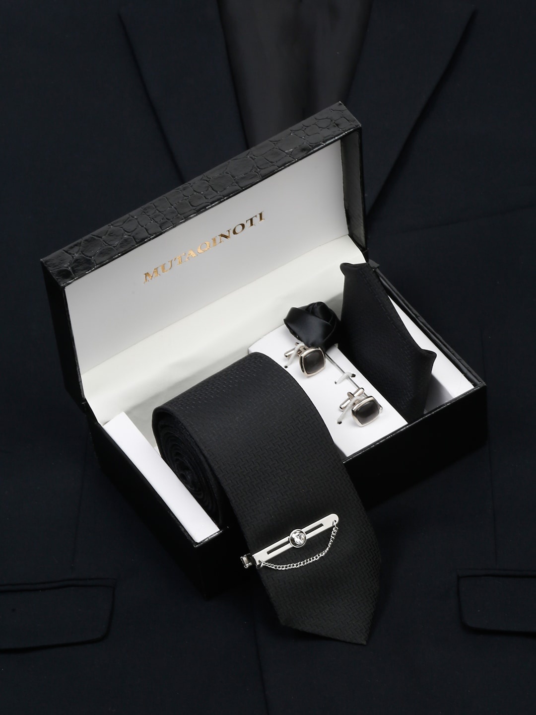 

MUTAQINOTI Men Checked Silk Necktie Accessory Gift Set, Black