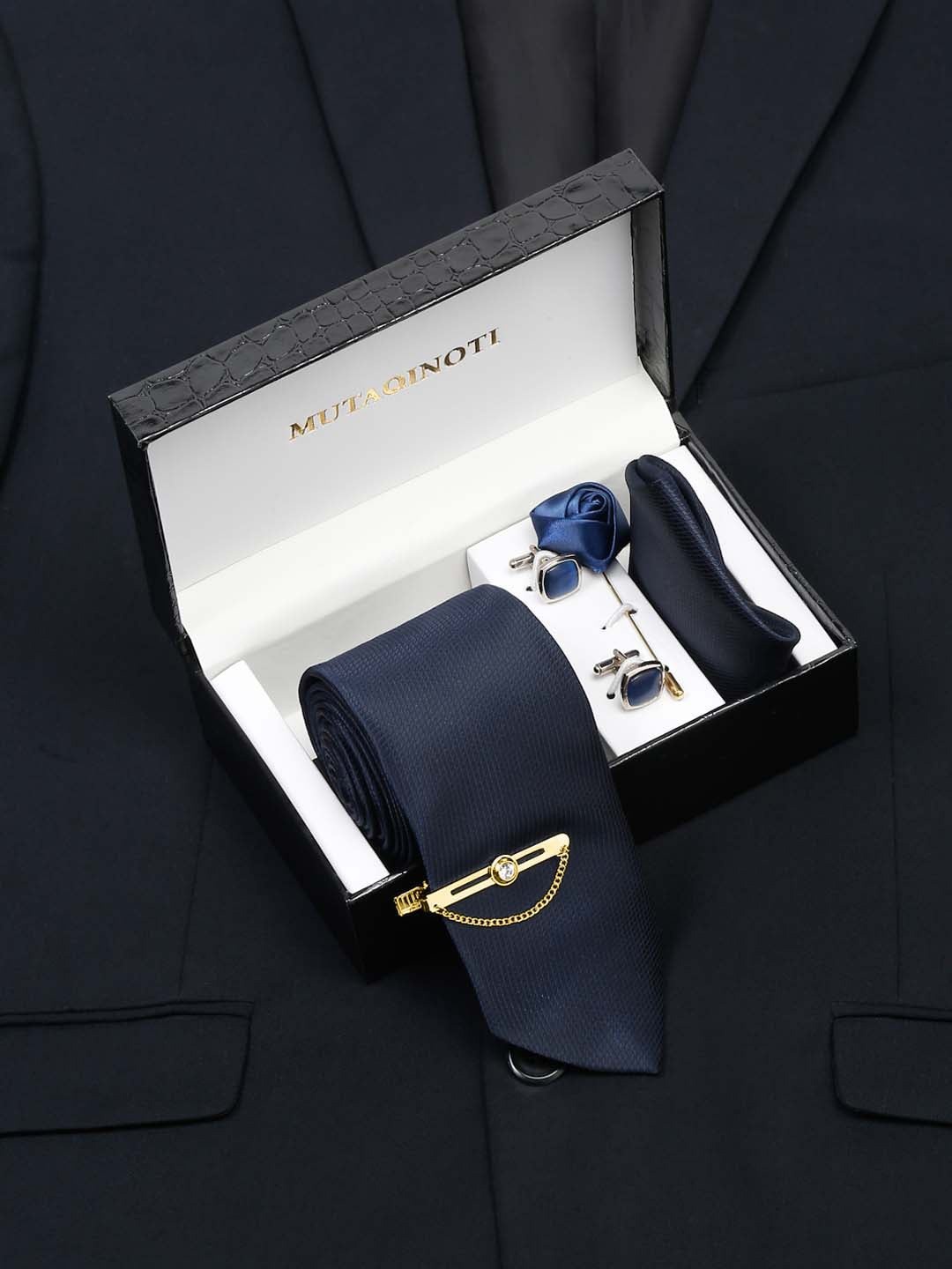 

MUTAQINOTI Men Silk Necktie Accessory Gift Set, Navy blue