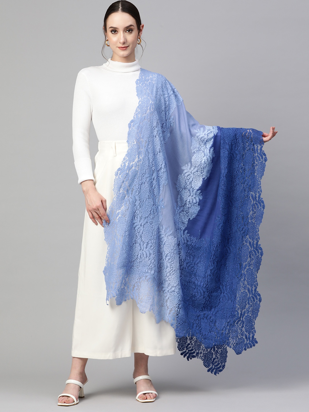 

MODARTA Floral Embroidered Ombre with Valentino Lace Wool Shawl, Blue