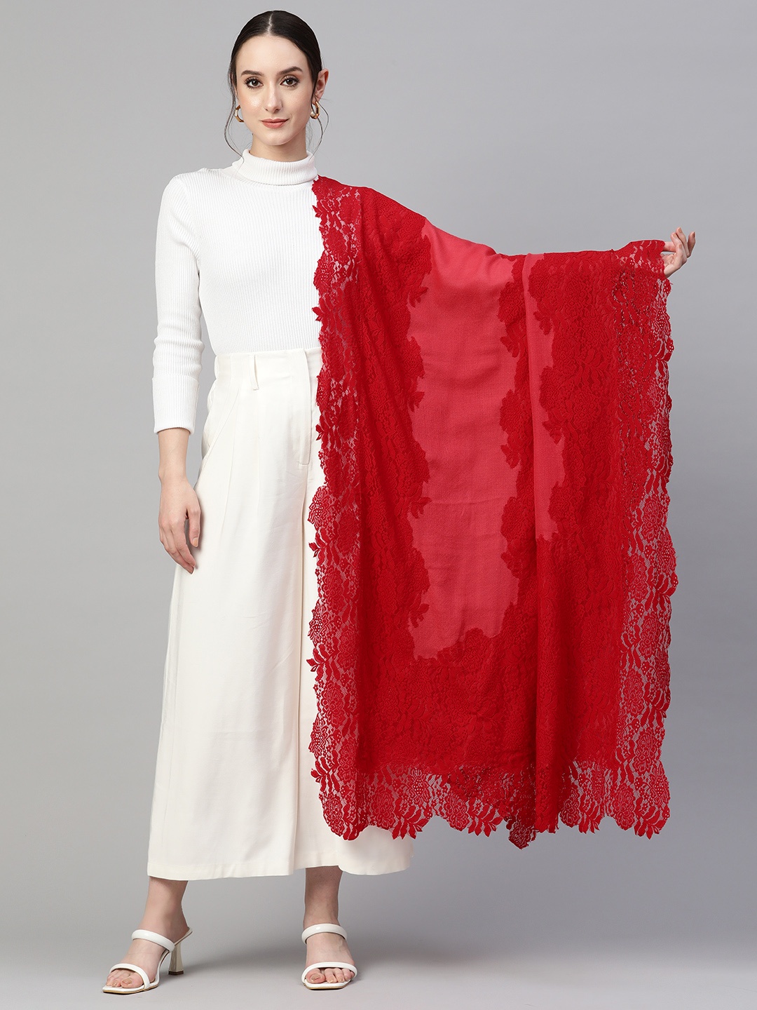 

MODARTA Women Wool Floral Embroidered Shawl, Red